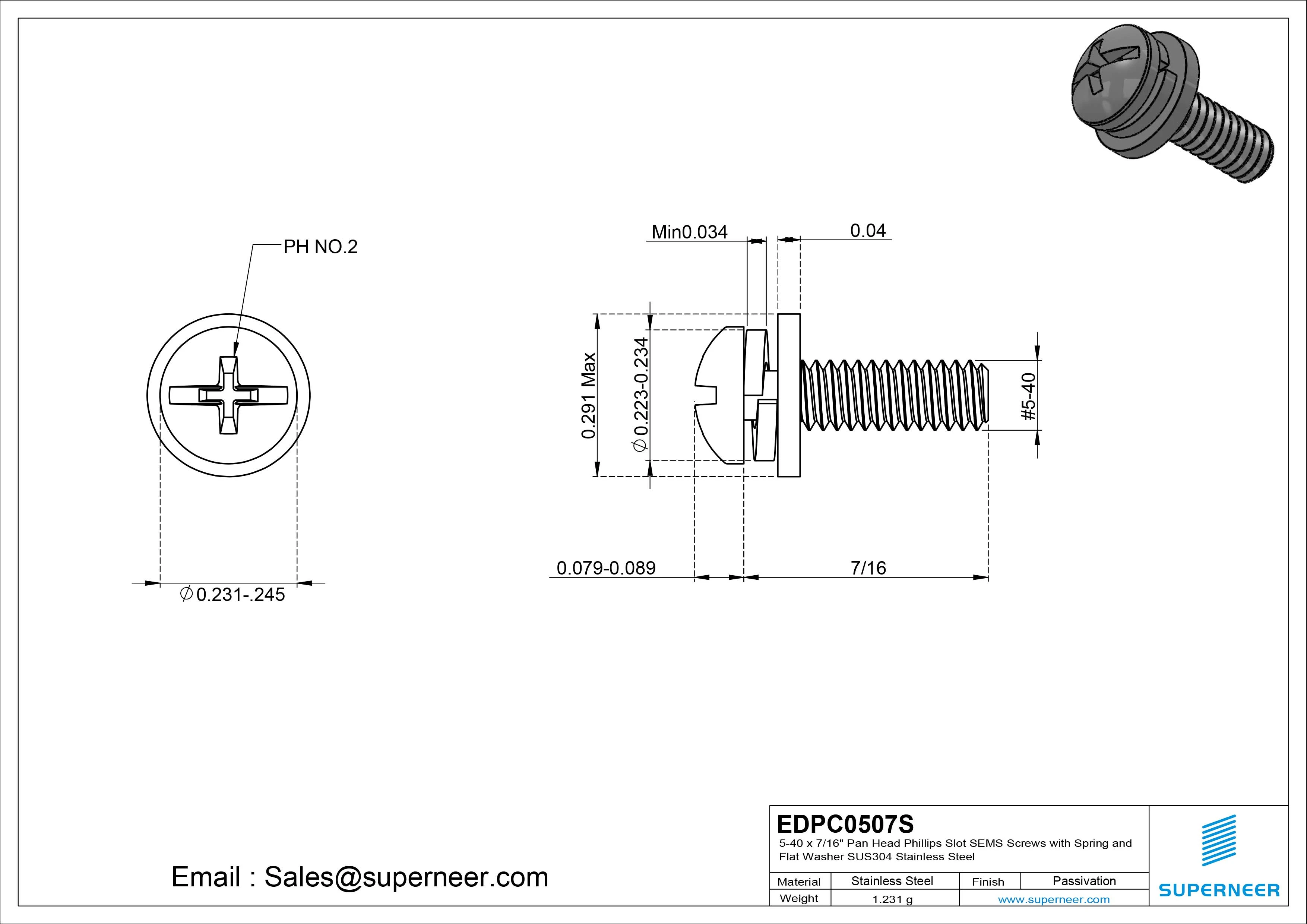 5-40 x 7/16" Pan Head Phillips Slot SEMS Screws with Spring and Flat Washer SUS304 Stainless Steel Inox