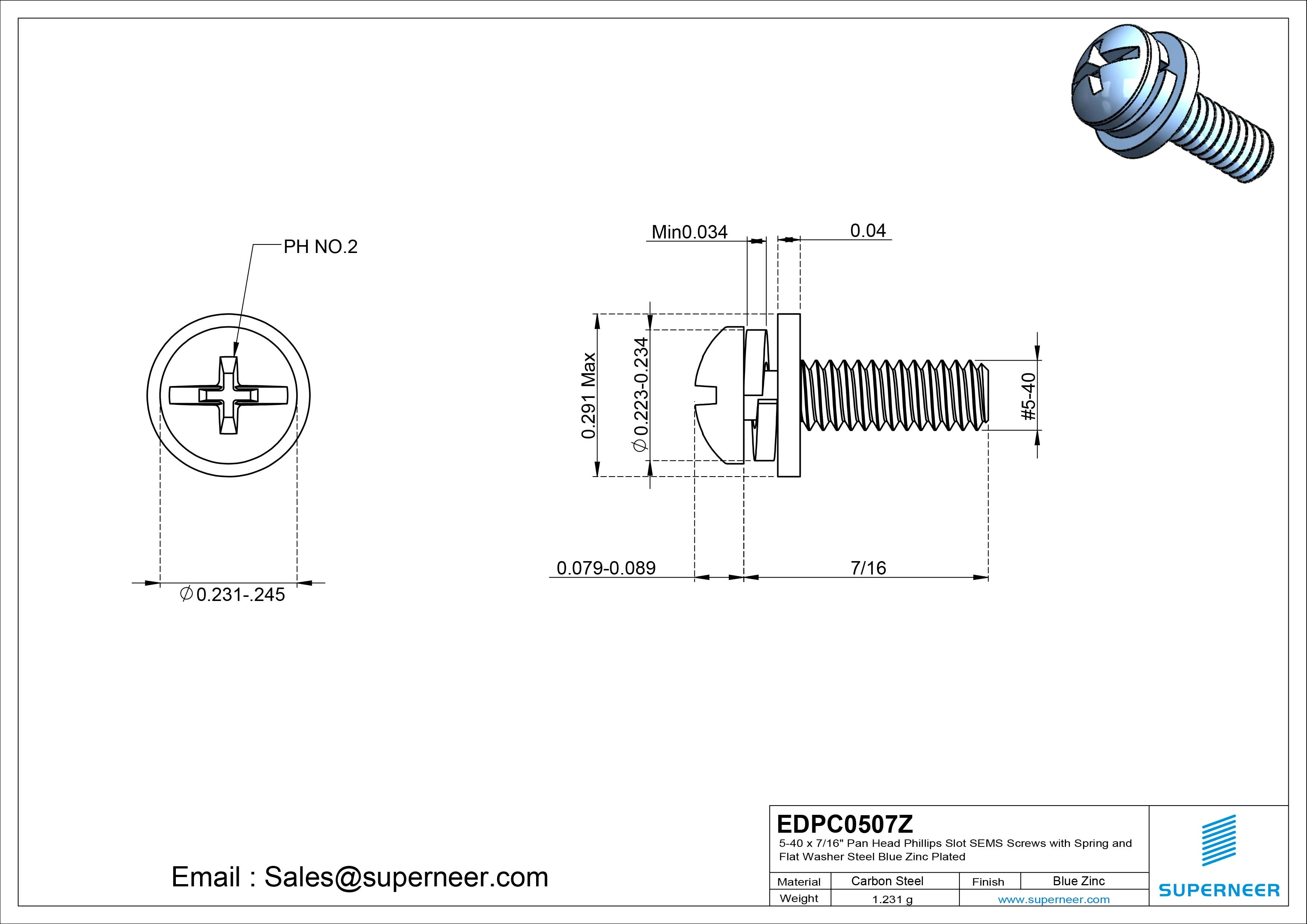 5-40 x 7/16" Pan Head Phillips Slot SEMS Screws with Spring and Flat Washer Steel Blue Zinc Plated
