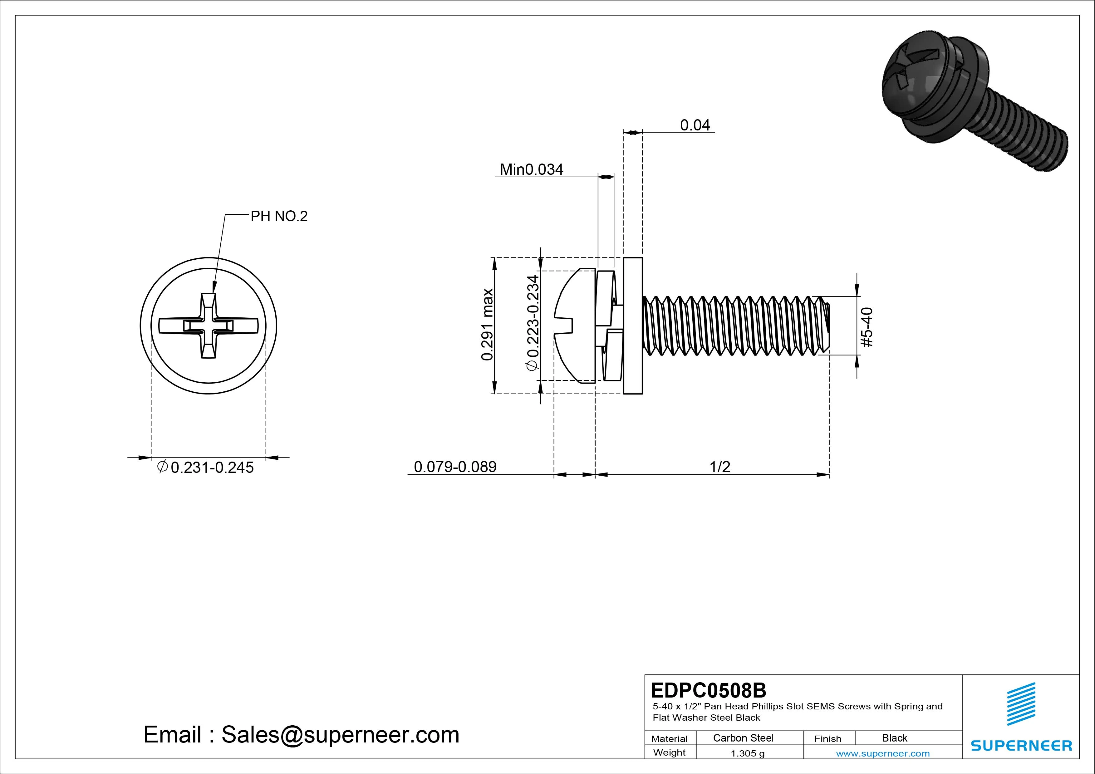 5-40 x 1/2" Pan Head Phillips Slot SEMS Screws with Spring and Flat Washer Steel Black