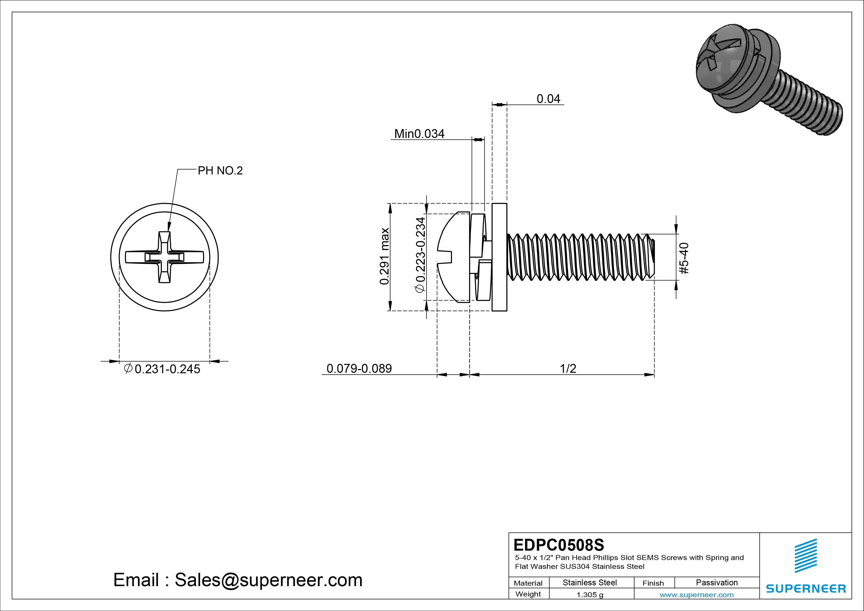 5-40 x 1/2" Pan Head Phillips Slot SEMS Screws with Spring and Flat Washer SUS304 Stainless Steel Inox