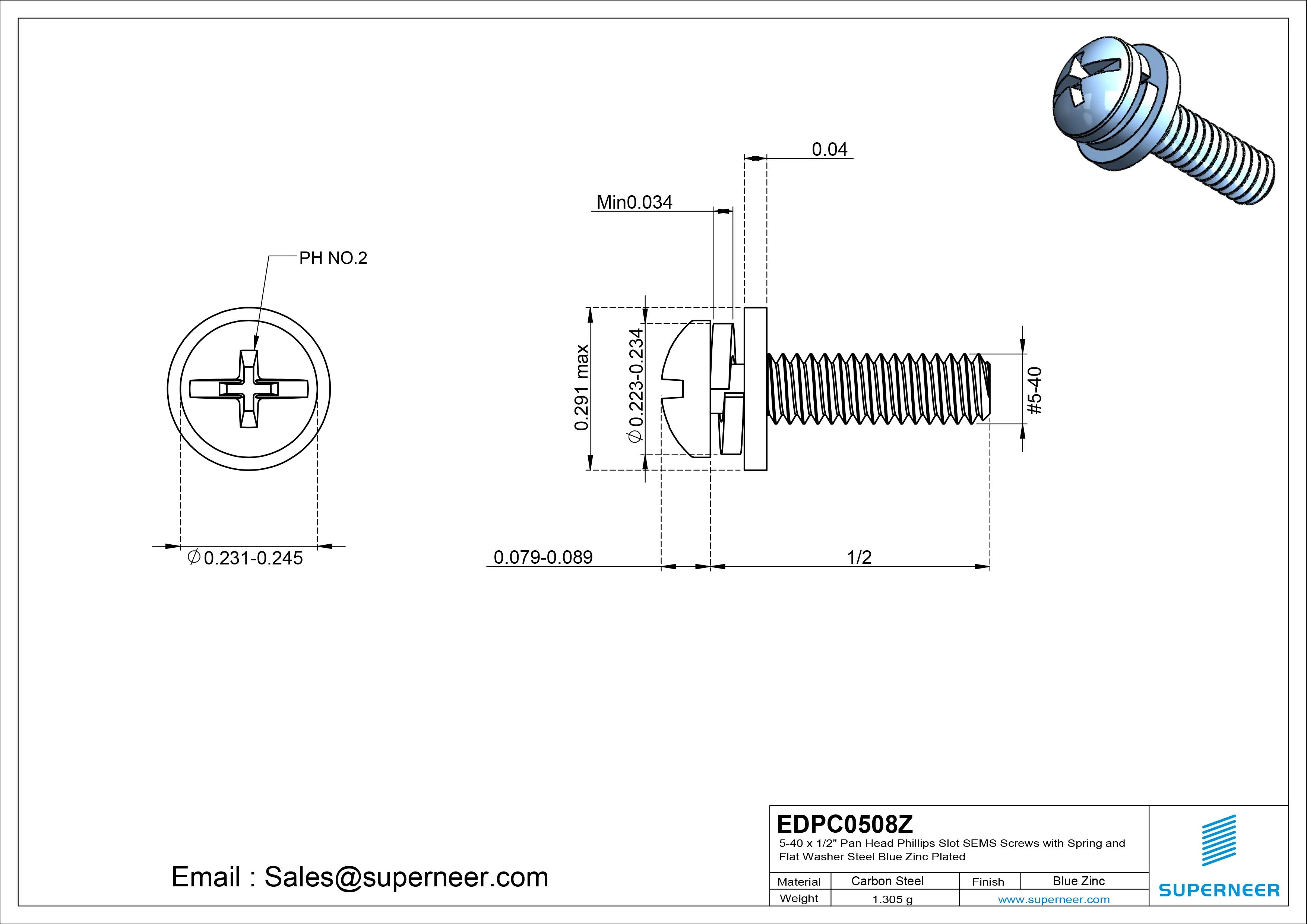 5-40 x 1/2" Pan Head Phillips Slot SEMS Screws with Spring and Flat Washer Steel Blue Zinc Plated