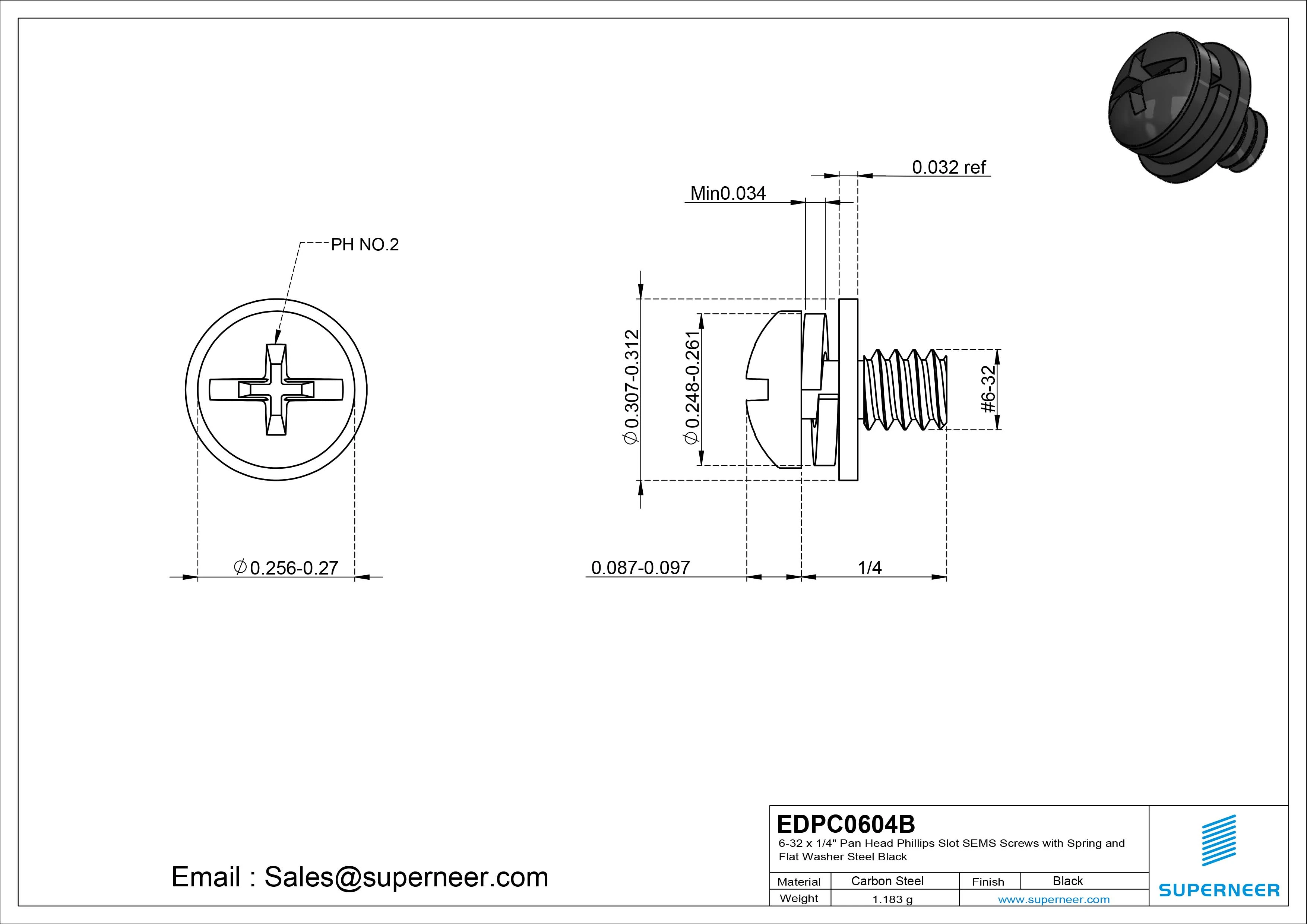 6-32 x 1/4" Pan Head Phillips Slot SEMS Screws with Spring and Flat Washer Steel Black