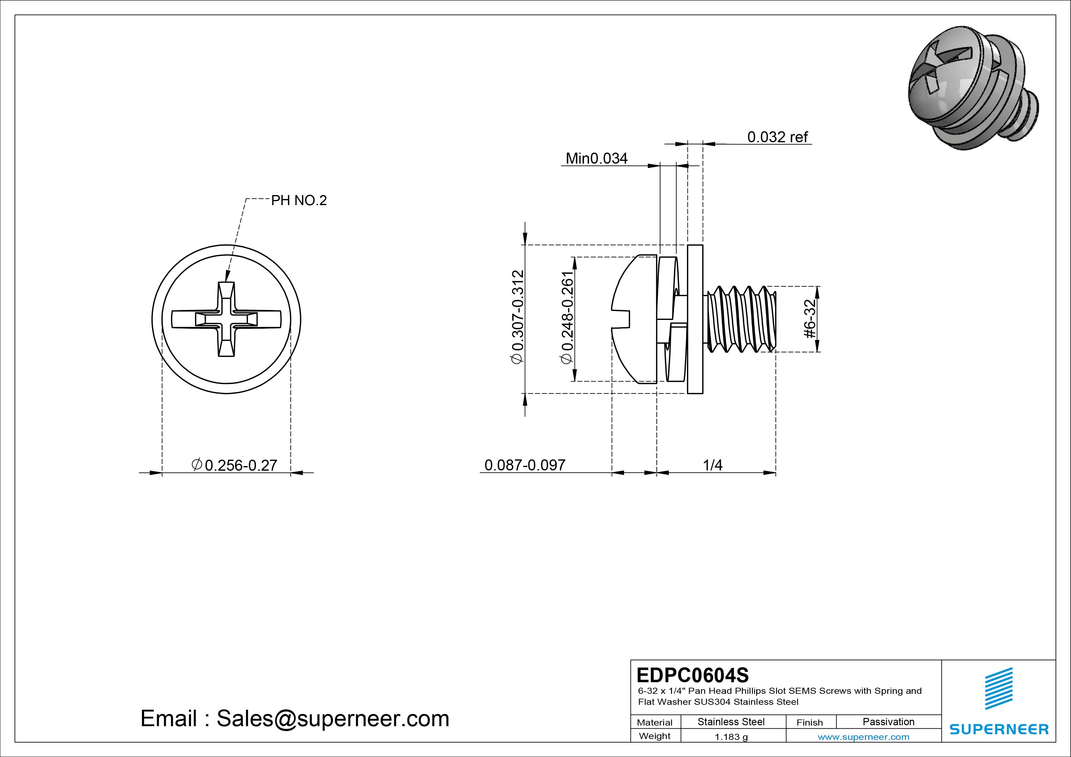 6-32 x 1/4" Pan Head Phillips Slot SEMS Screws with Spring and Flat Washer SUS304 Stainless Steel Inox