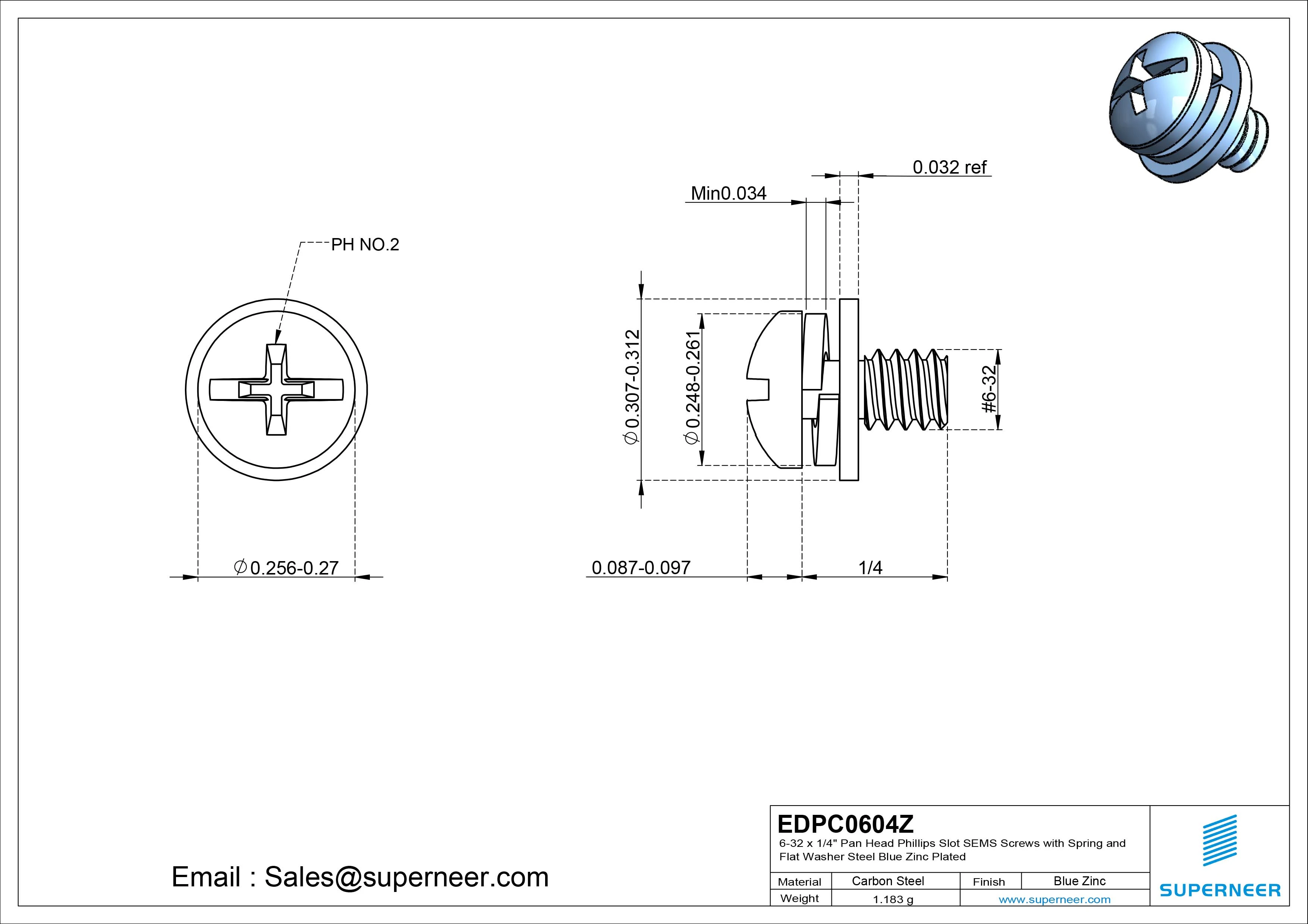 6-32 x 1/4" Pan Head Phillips Slot SEMS Screws with Spring and Flat Washer Steel Blue Zinc Plated