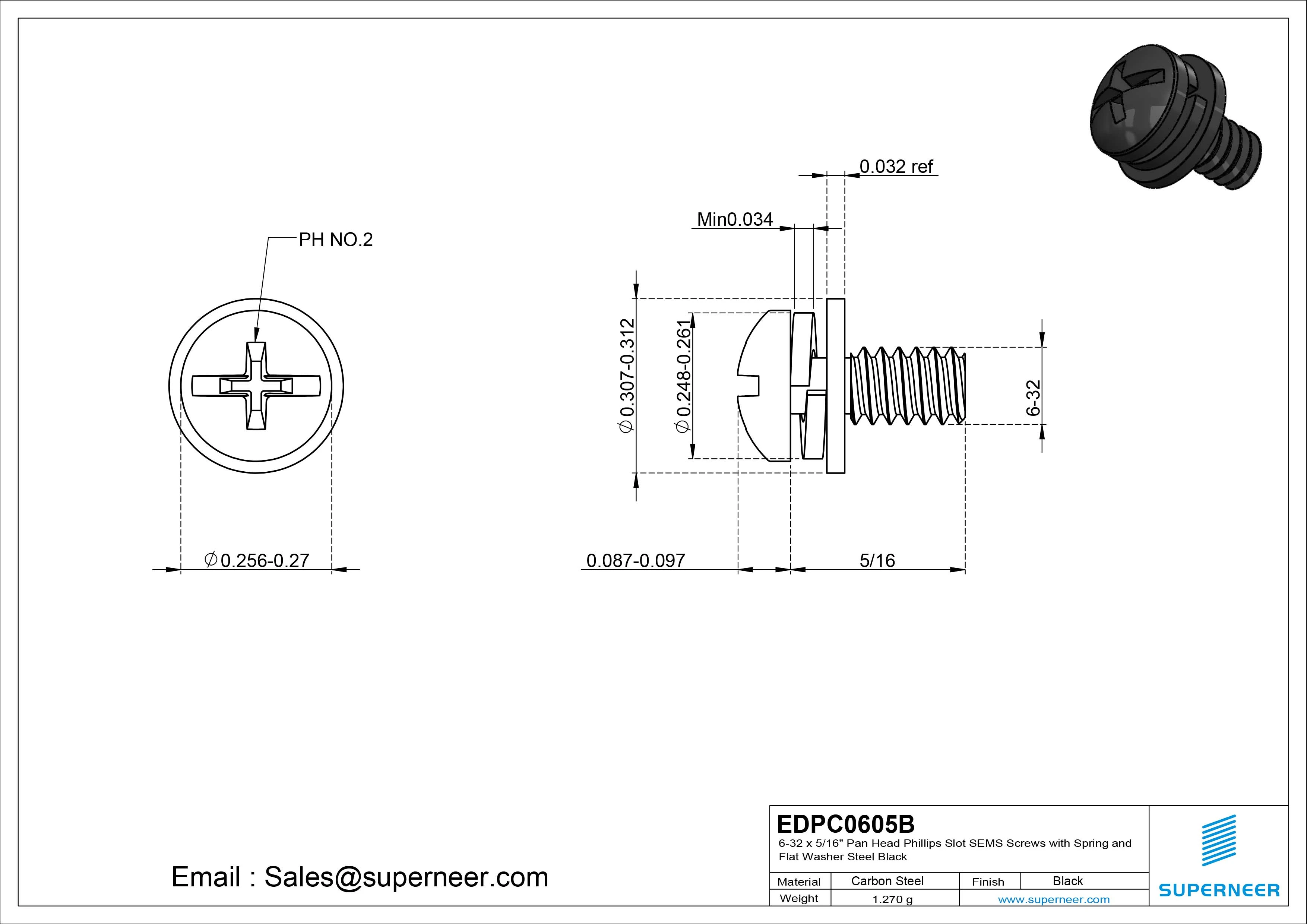 6-32 x 5/16" Pan Head Phillips Slot SEMS Screws with Spring and Flat Washer Steel Black