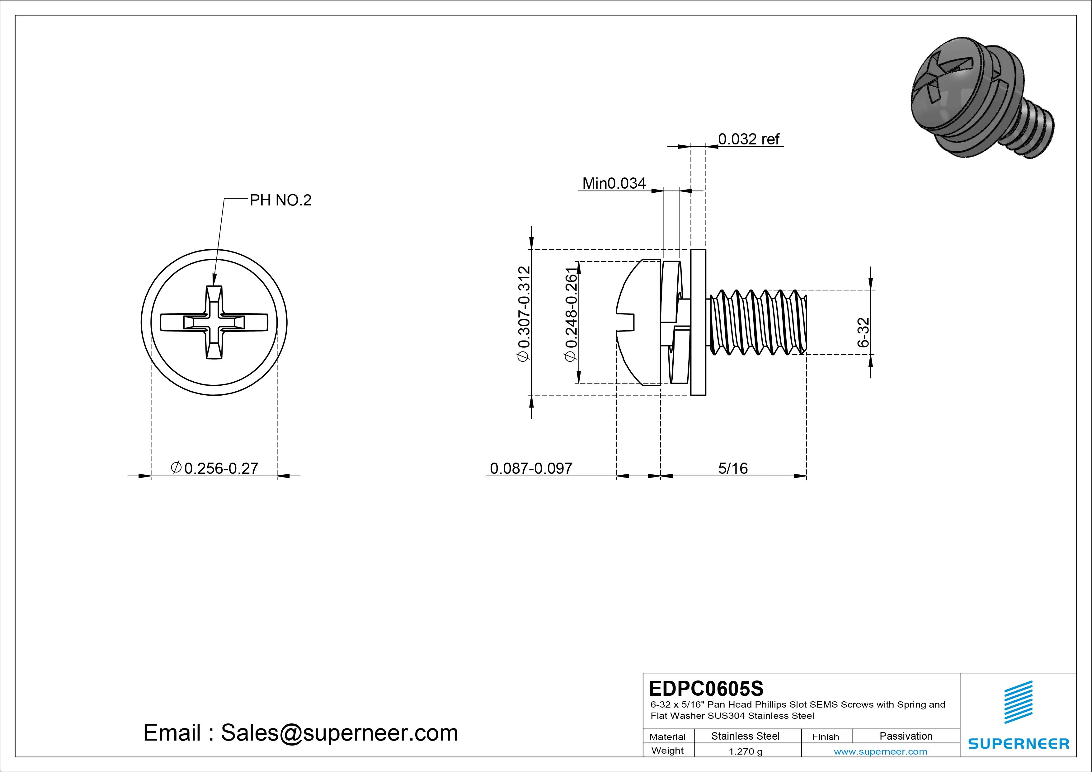 6-32 x 5/16" Pan Head Phillips Slot SEMS Screws with Spring and Flat Washer SUS304 Stainless Steel Inox