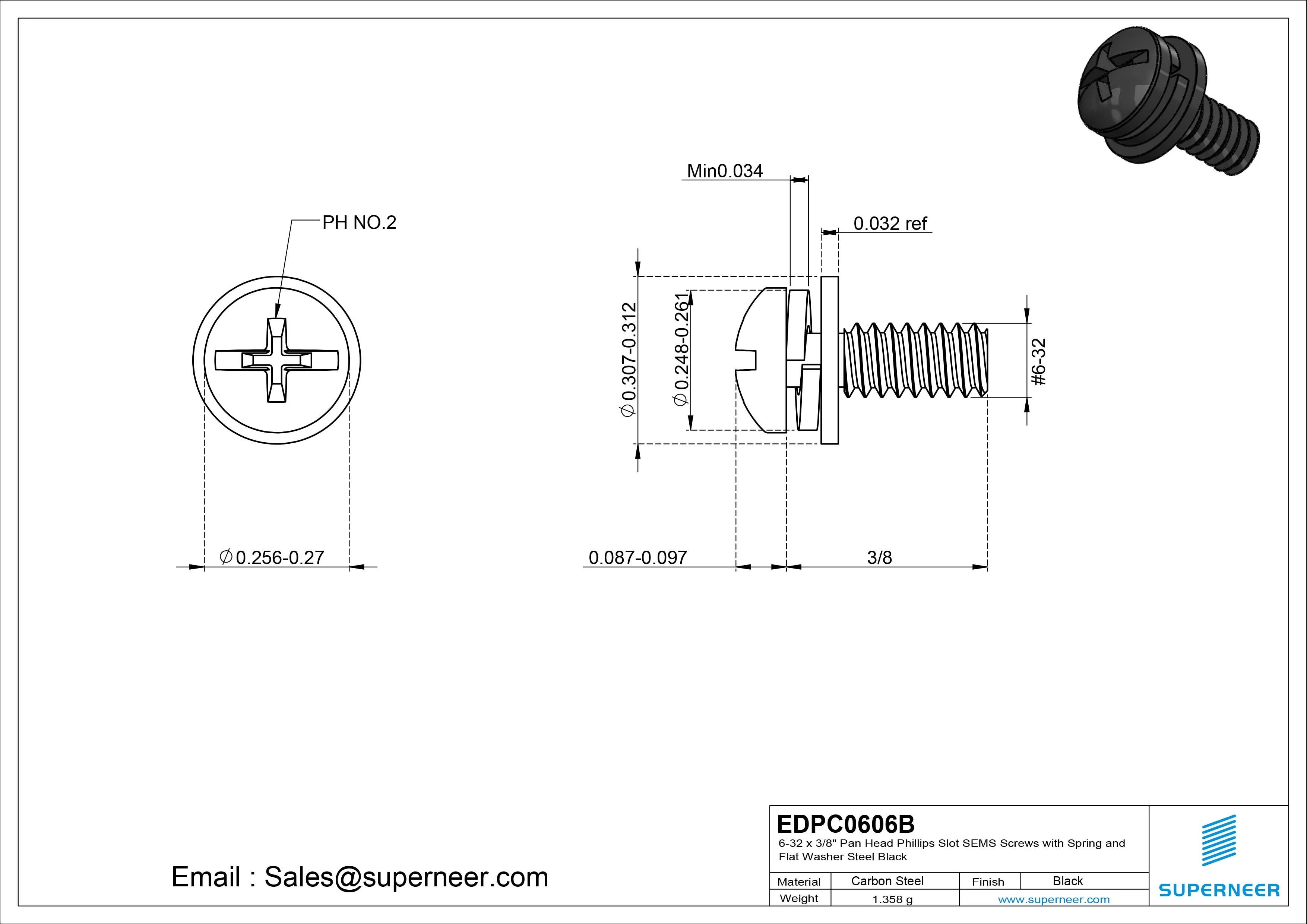 6-32 x 3/8" Pan Head Phillips Slot SEMS Screws with Spring and Flat Washer Steel Black