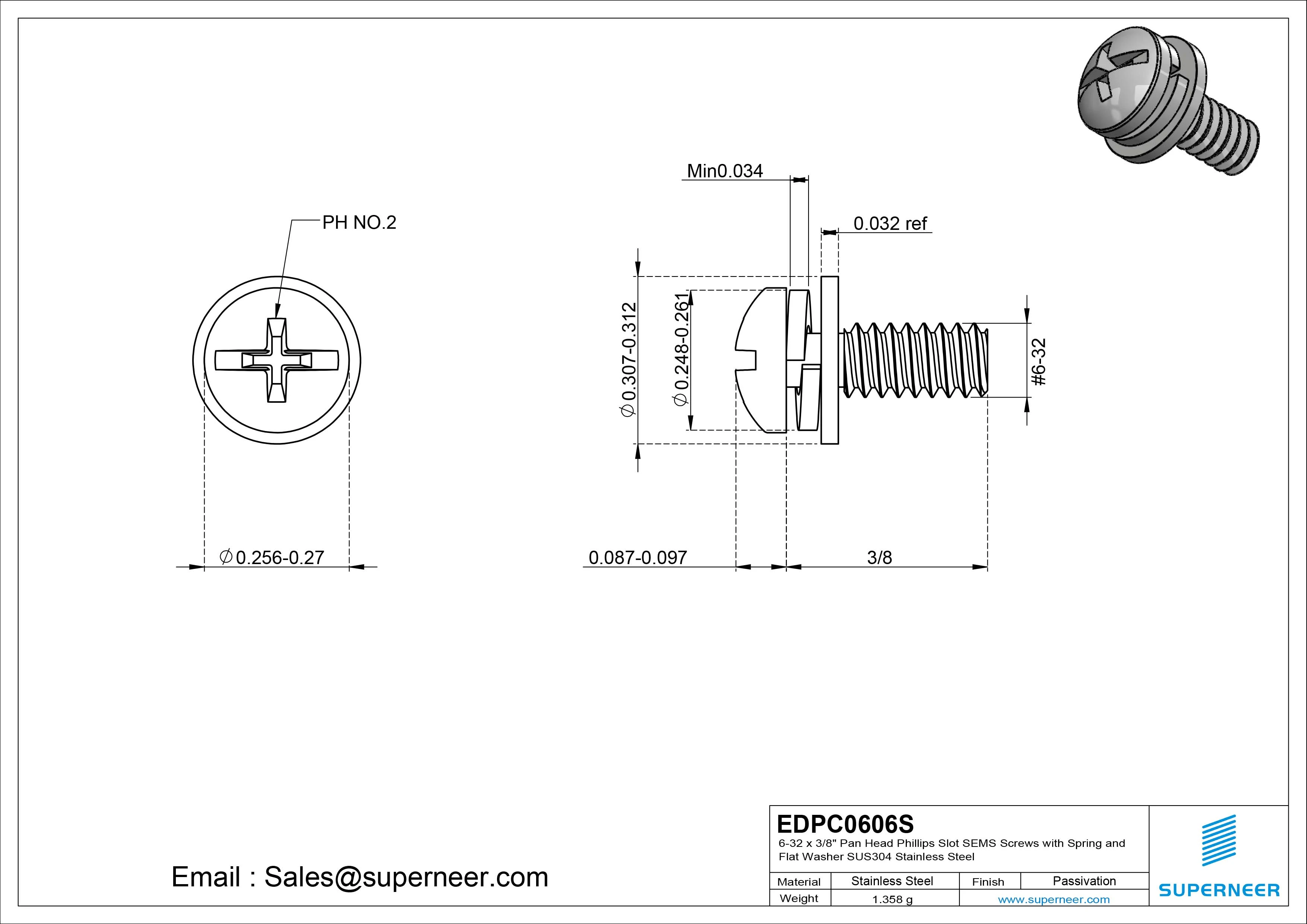 6-32 x 3/8" Pan Head Phillips Slot SEMS Screws with Spring and Flat Washer SUS304 Stainless Steel Inox