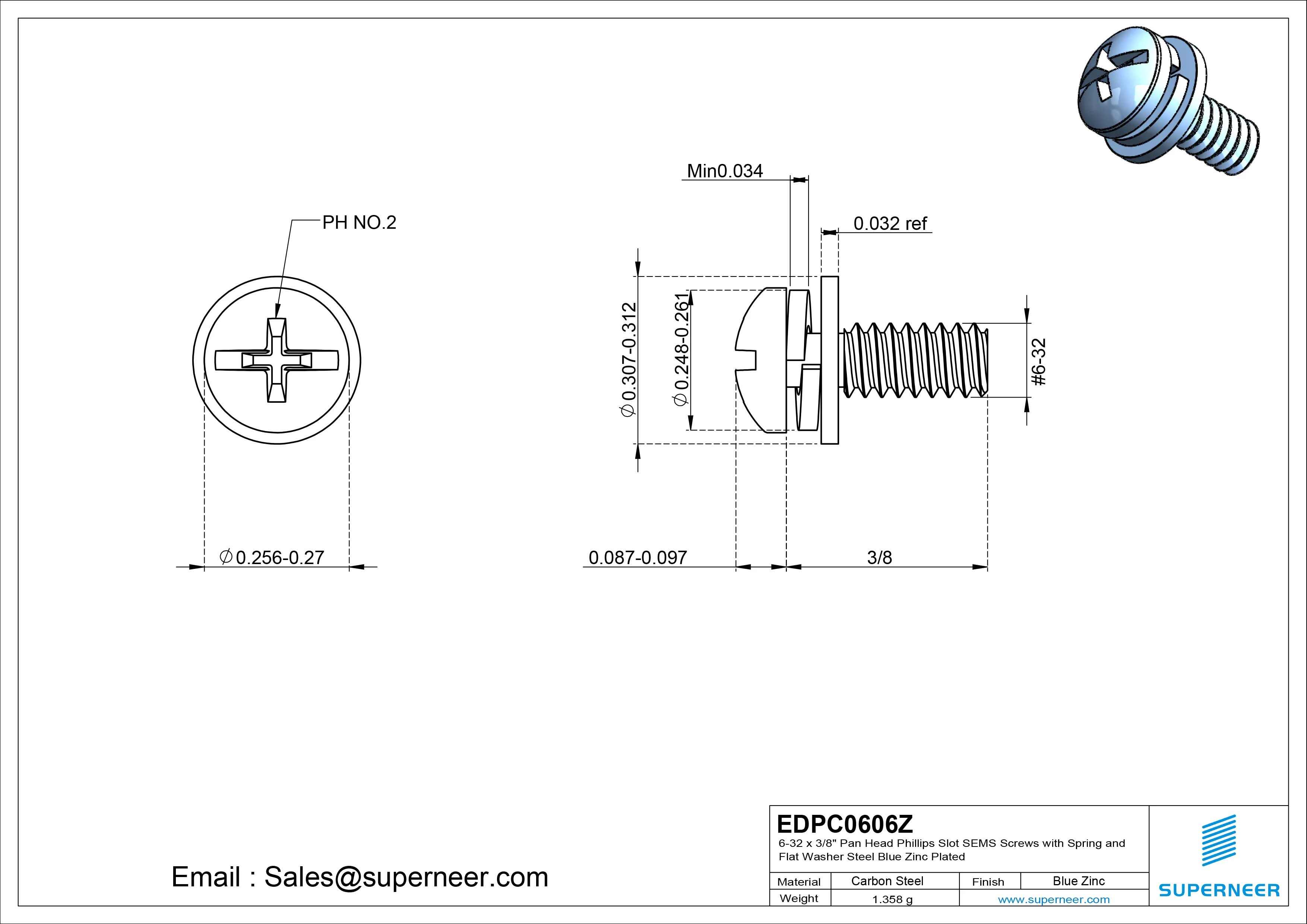 6-32 x 3/8" Pan Head Phillips Slot SEMS Screws with Spring and Flat Washer Steel Blue Zinc Plated