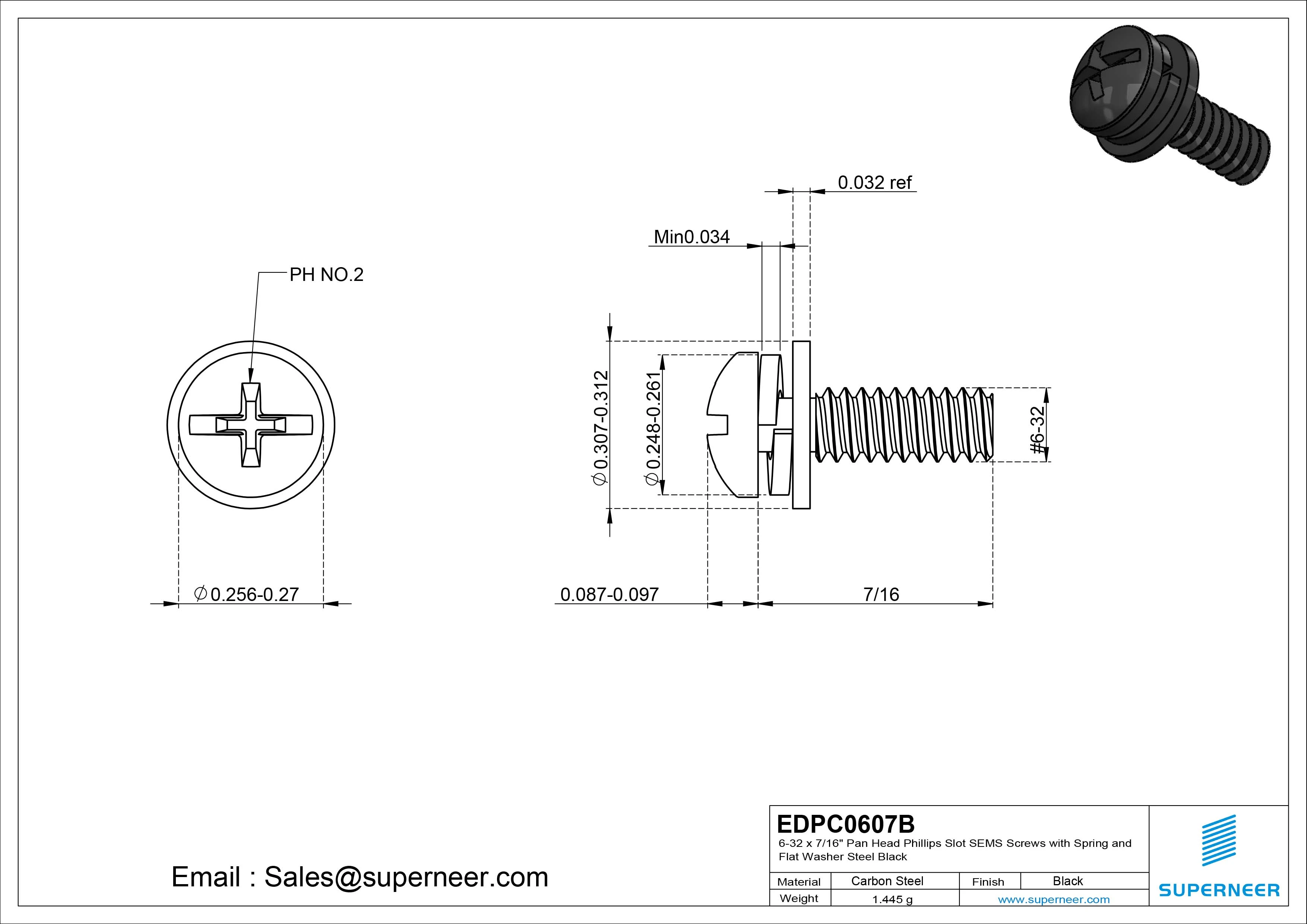 6-32 x 7/16" Pan Head Phillips Slot SEMS Screws with Spring and Flat Washer Steel Black