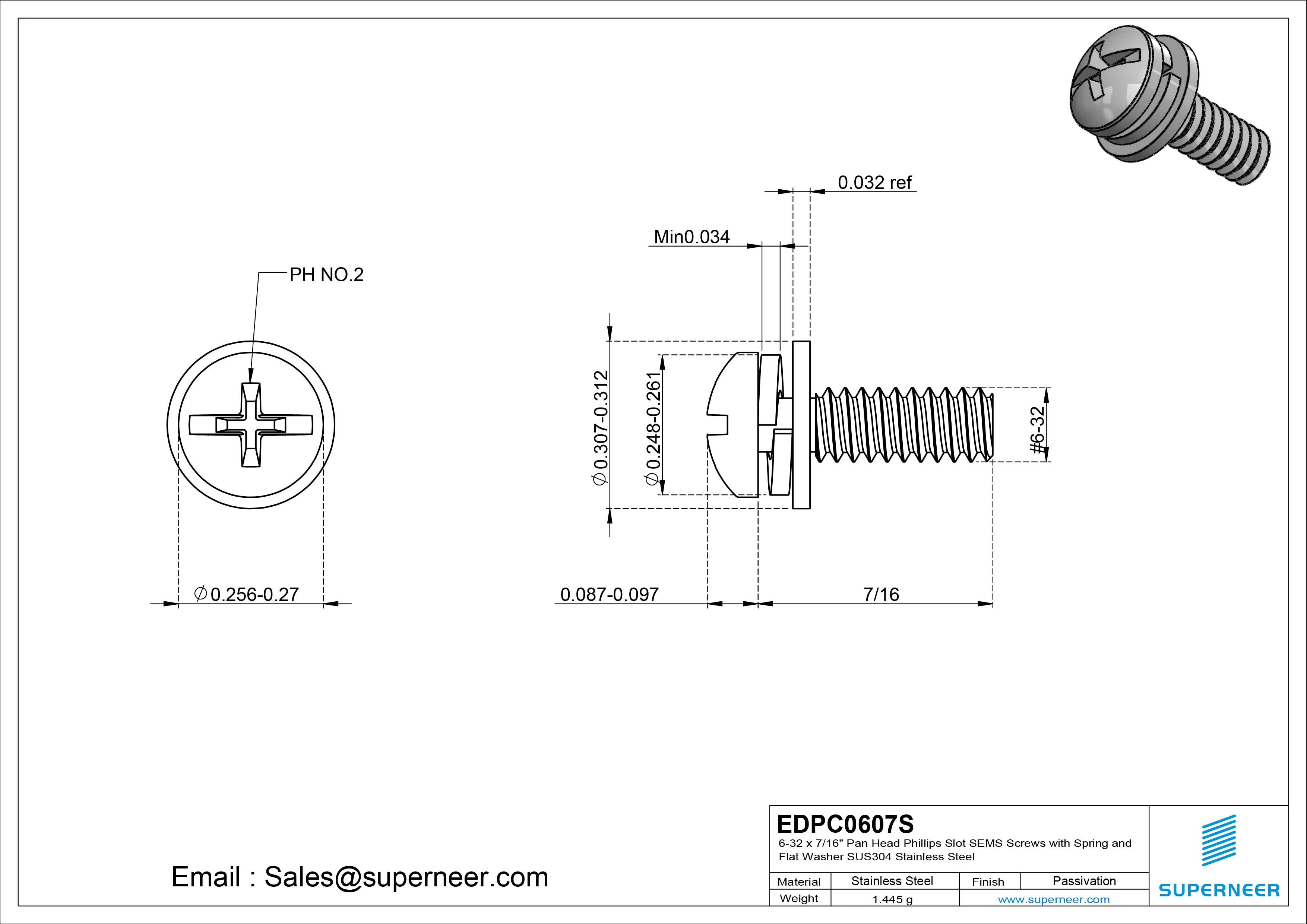 6-32 x 7/16" Pan Head Phillips Slot SEMS Screws with Spring and Flat Washer SUS304 Stainless Steel Inox