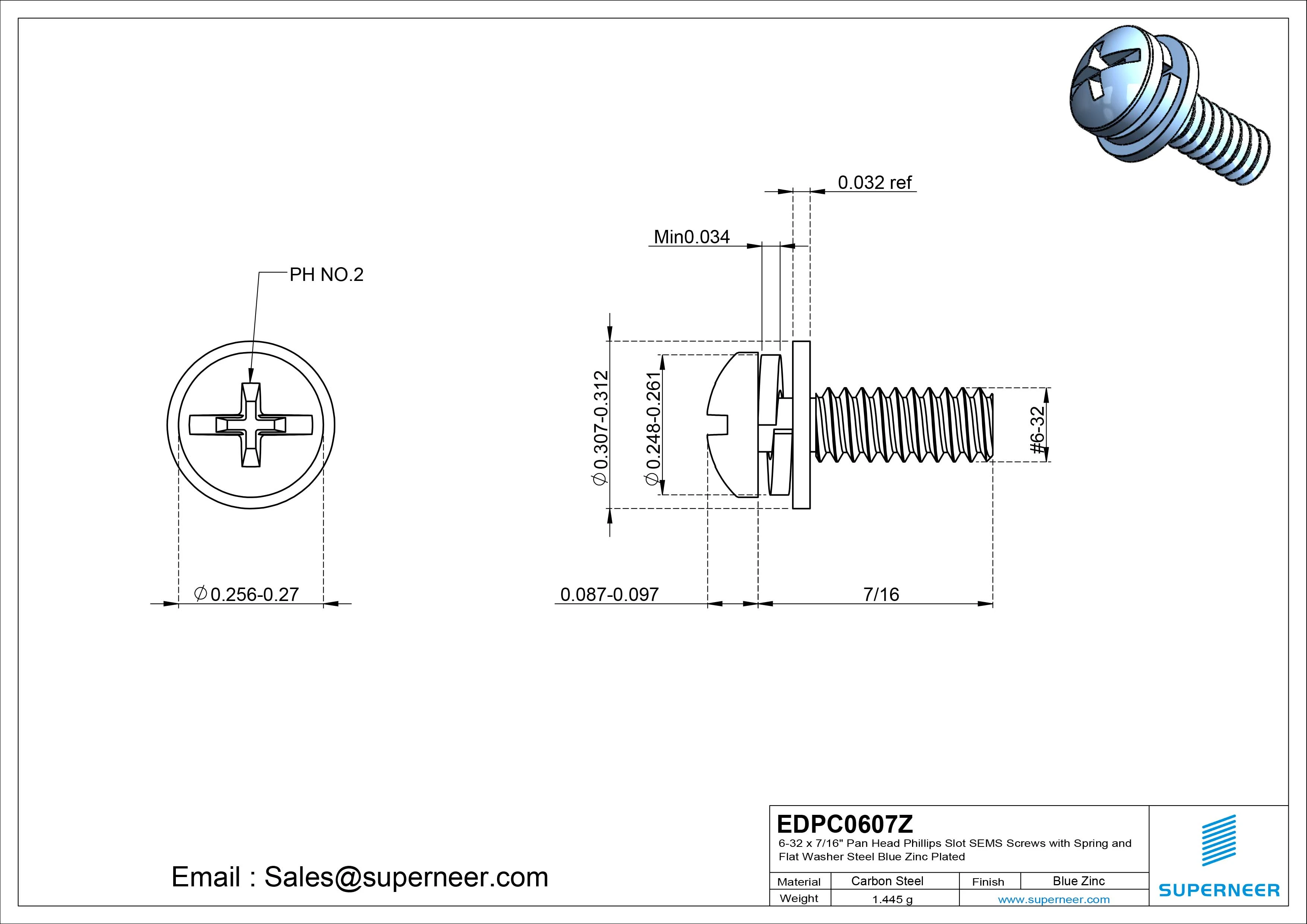 6-32 x 7/16" Pan Head Phillips Slot SEMS Screws with Spring and Flat Washer Steel Blue Zinc Plated