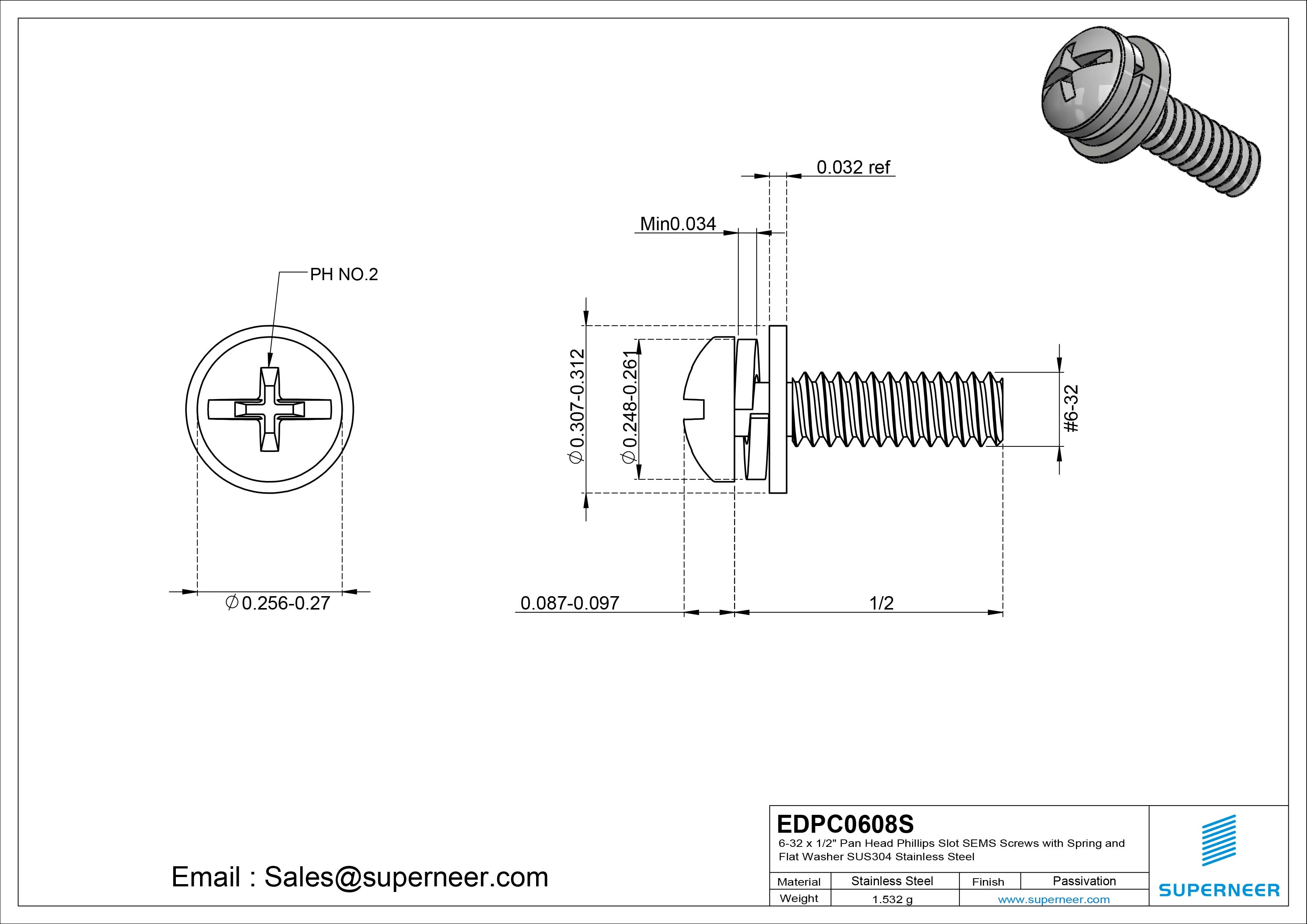 6-32 x 1/2" Pan Head Phillips Slot SEMS Screws with Spring and Flat Washer SUS304 Stainless Steel Inox