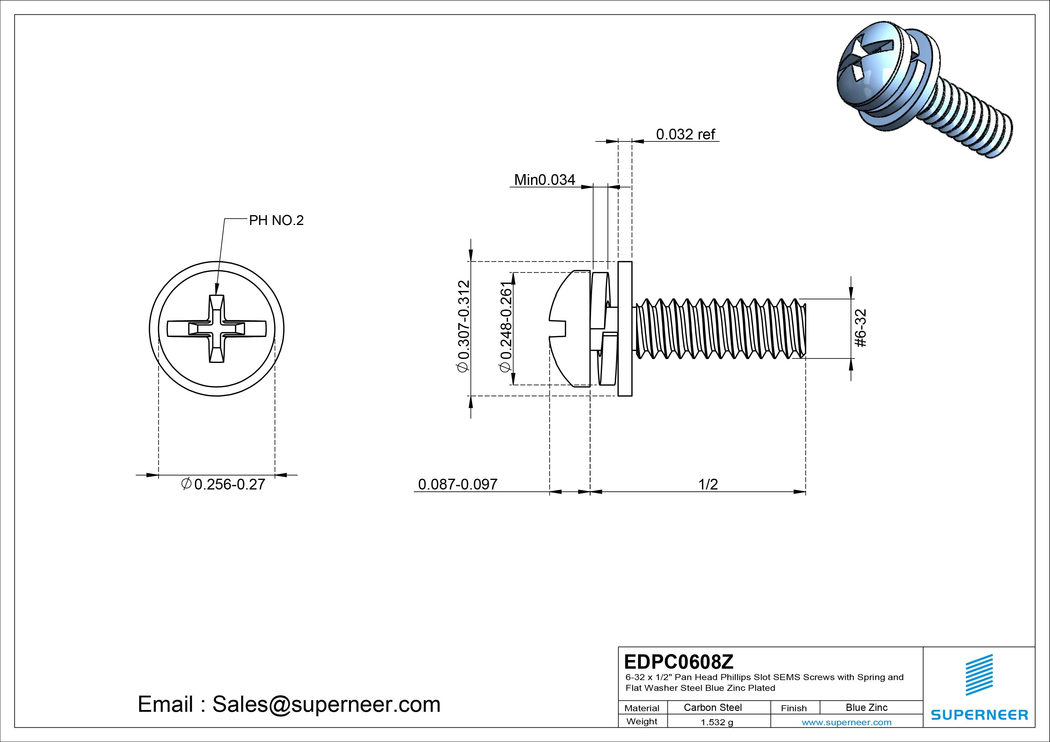 6-32 x 1/2" Pan Head Phillips Slot SEMS Screws with Spring and Flat Washer Steel Blue Zinc Plated