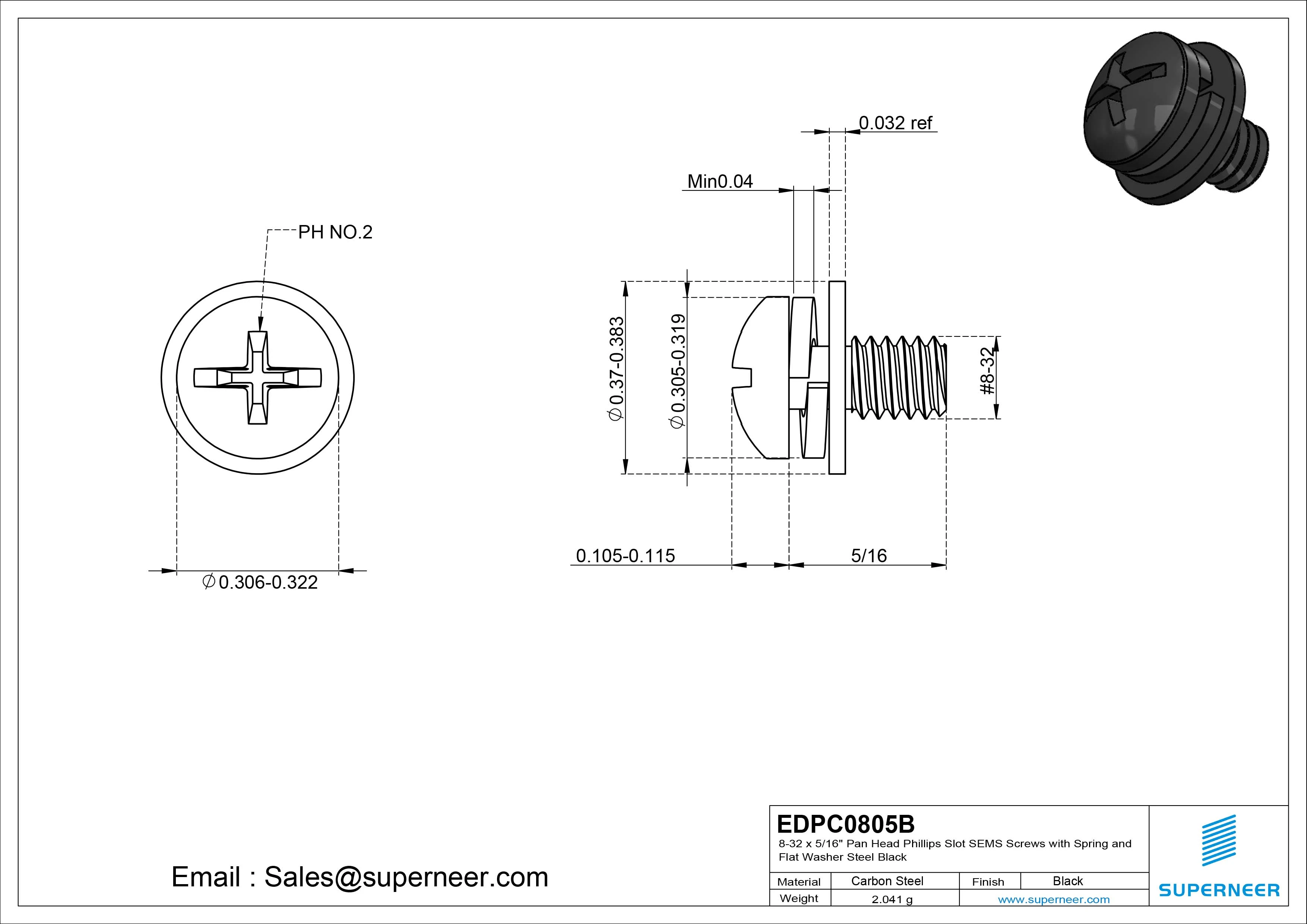 8-32 x 5/16" Pan Head Phillips Slot SEMS Screws with Spring and Flat Washer Steel Black
