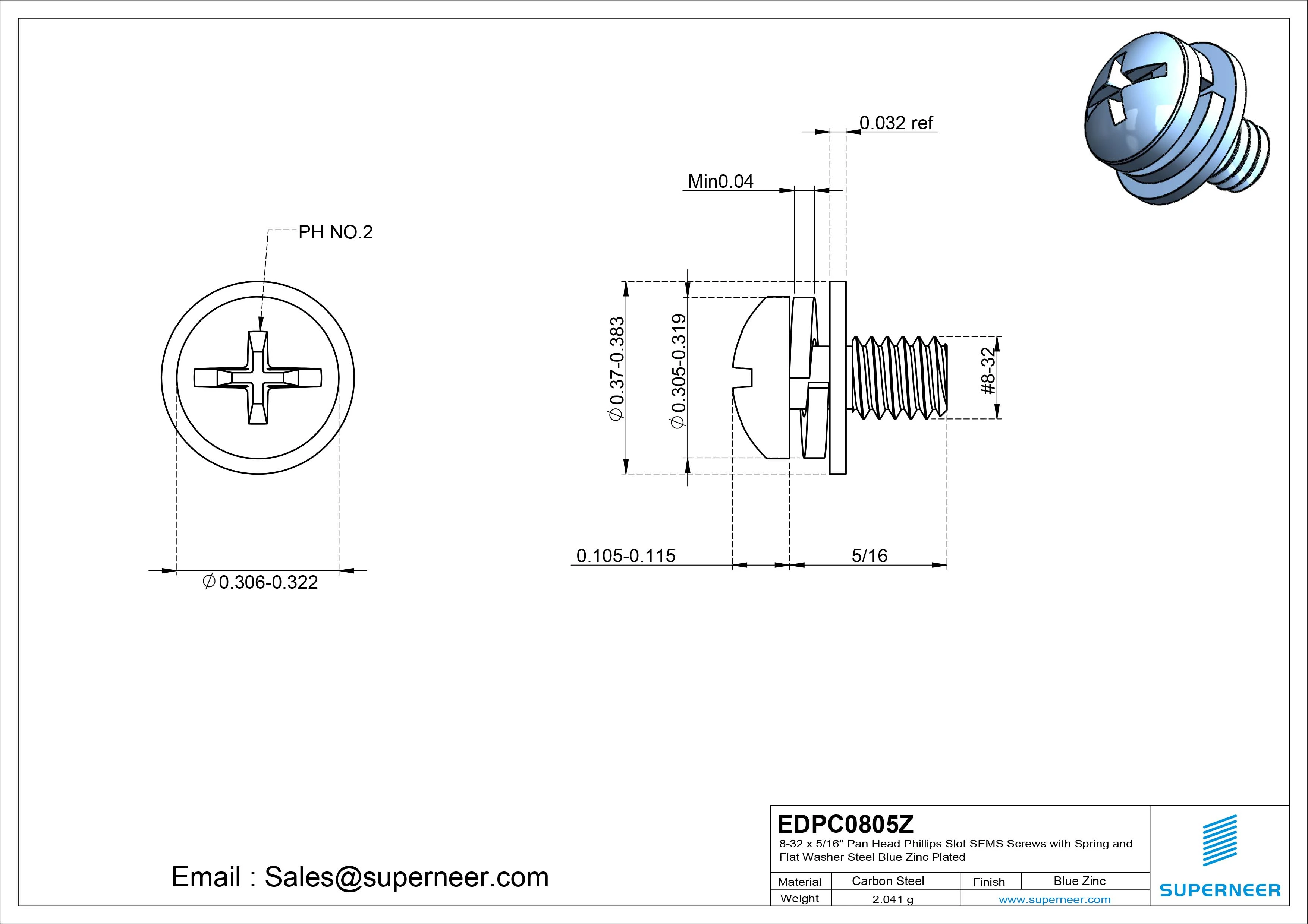 8-32 x 5/16" Pan Head Phillips Slot SEMS Screws with Spring and Flat Washer Steel Blue Zinc Plated