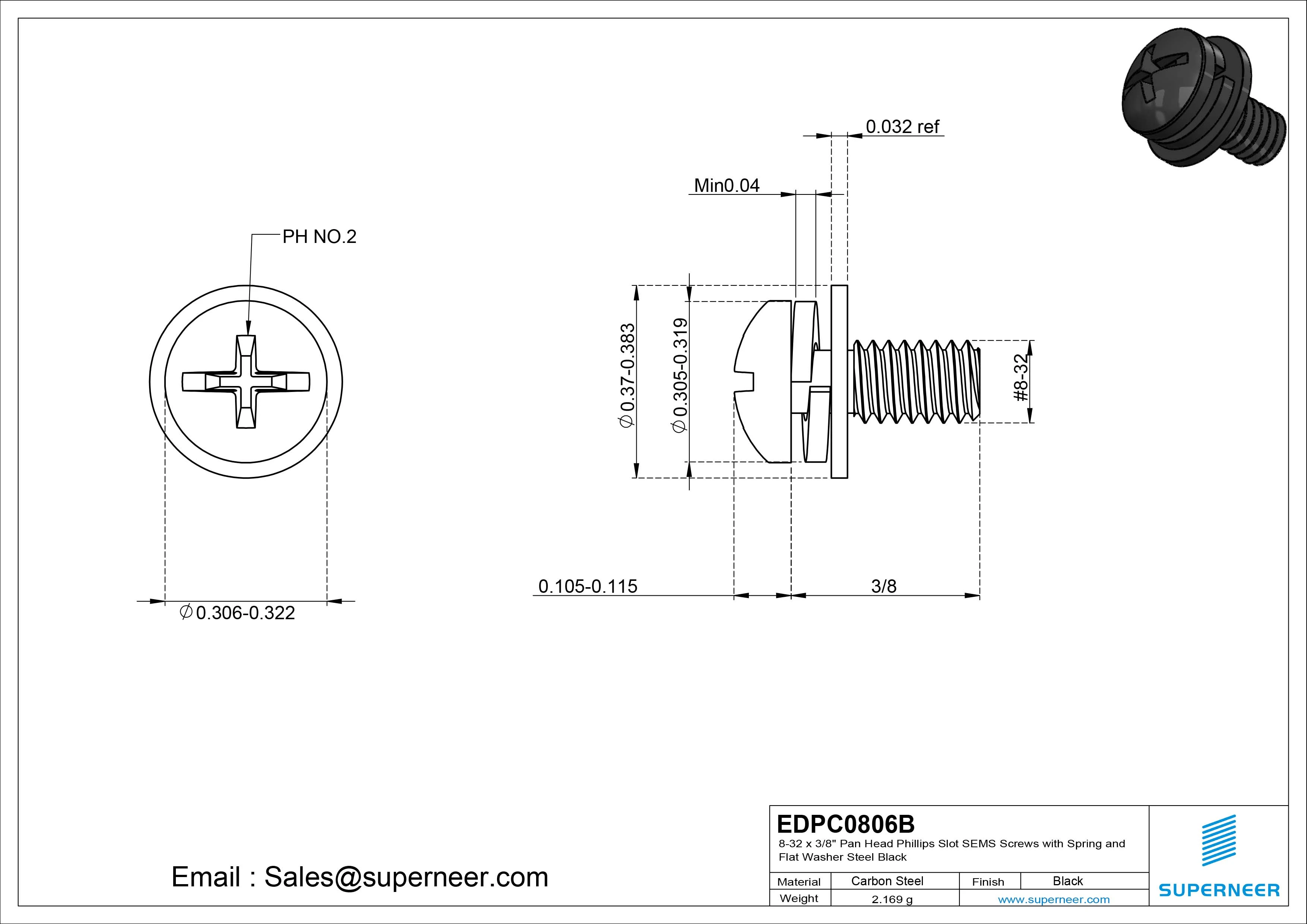8-32 x 3/8" Pan Head Phillips Slot SEMS Screws with Spring and Flat Washer Steel Black