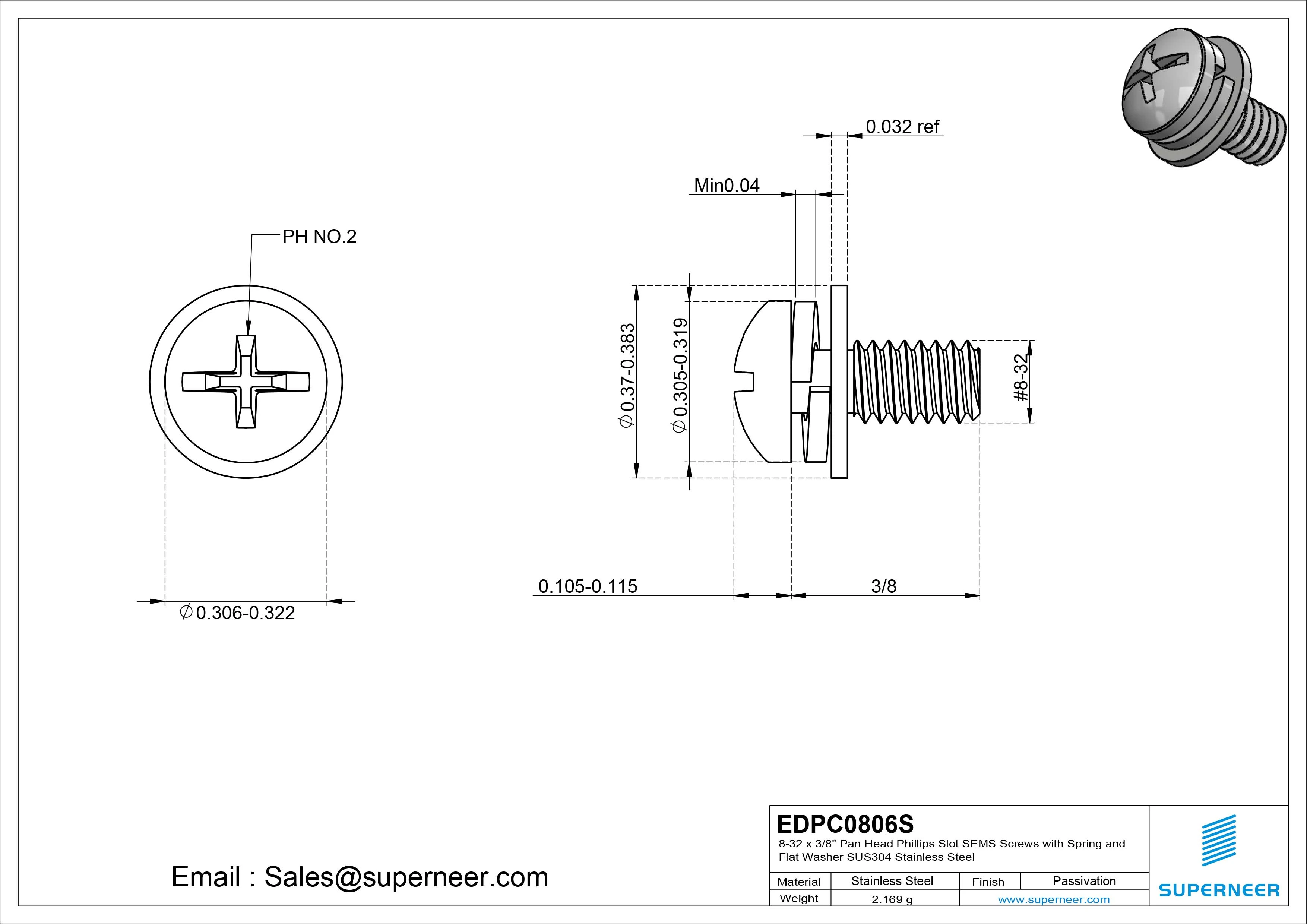 8-32 x 3/8" Pan Head Phillips Slot SEMS Screws with Spring and Flat Washer SUS304 Stainless Steel Inox