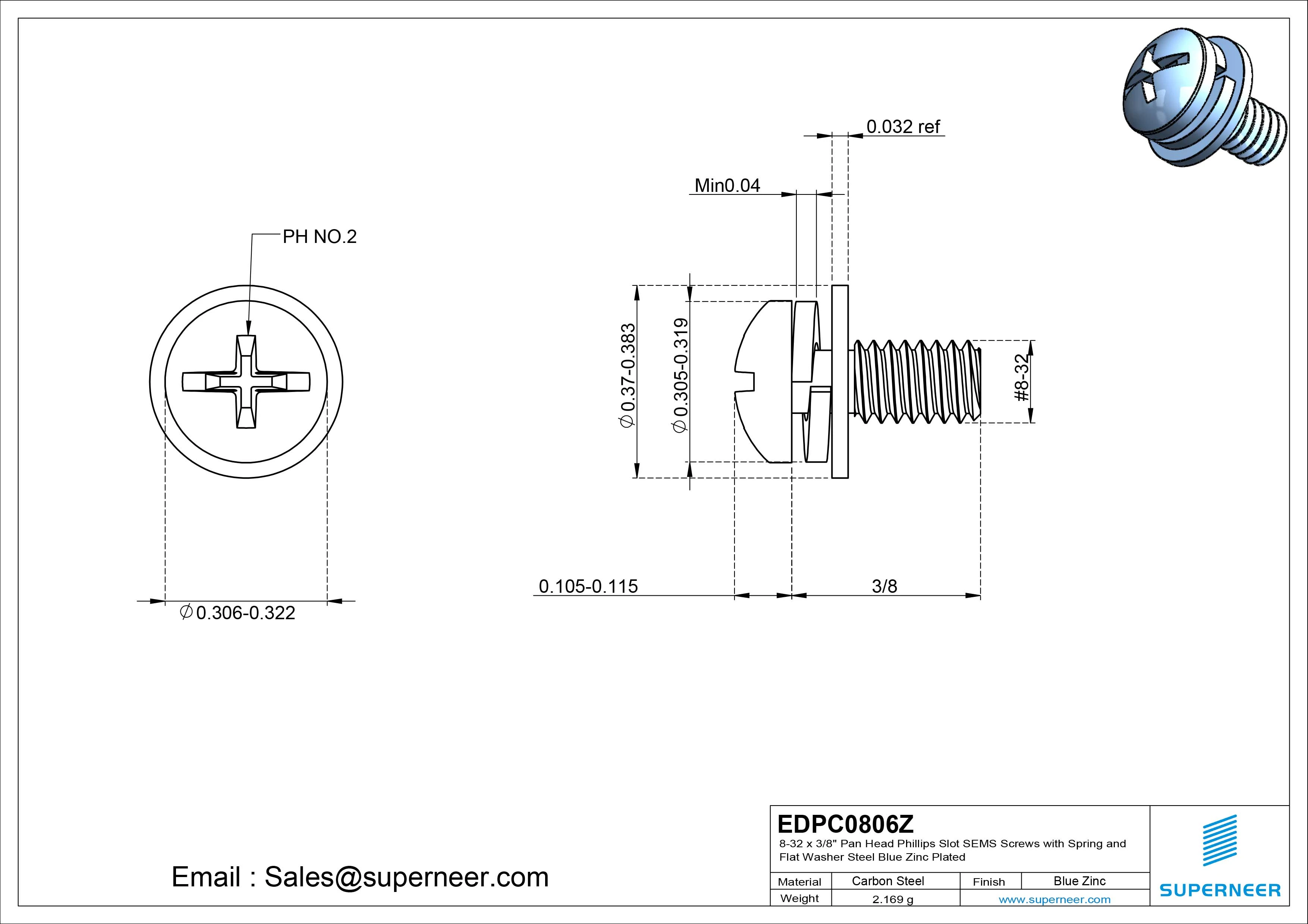 8-32 x 3/8" Pan Head Phillips Slot SEMS Screws with Spring and Flat Washer Steel Blue Zinc Plated