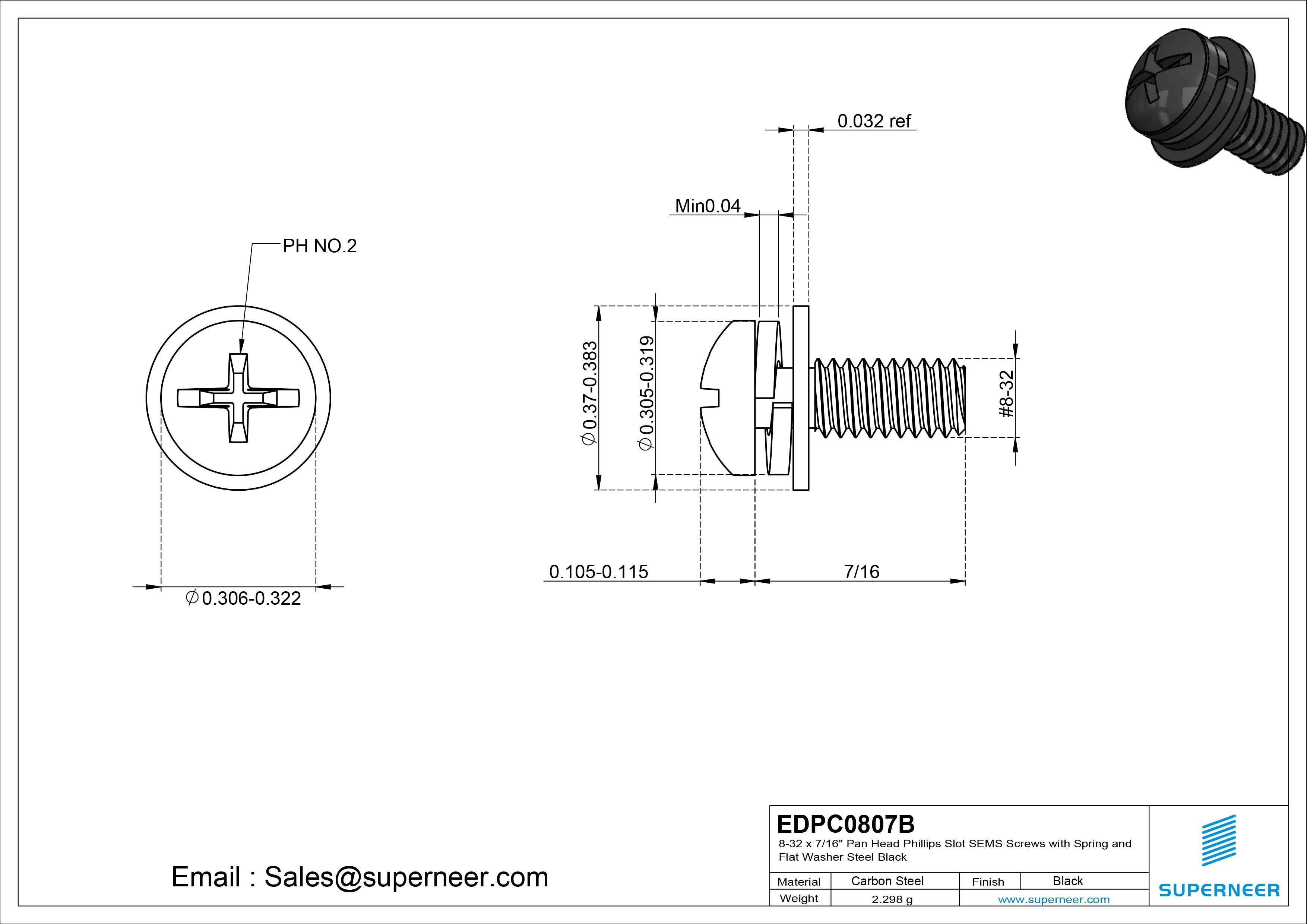 8-32 x 7/16" Pan Head Phillips Slot SEMS Screws with Spring and Flat Washer Steel Black
