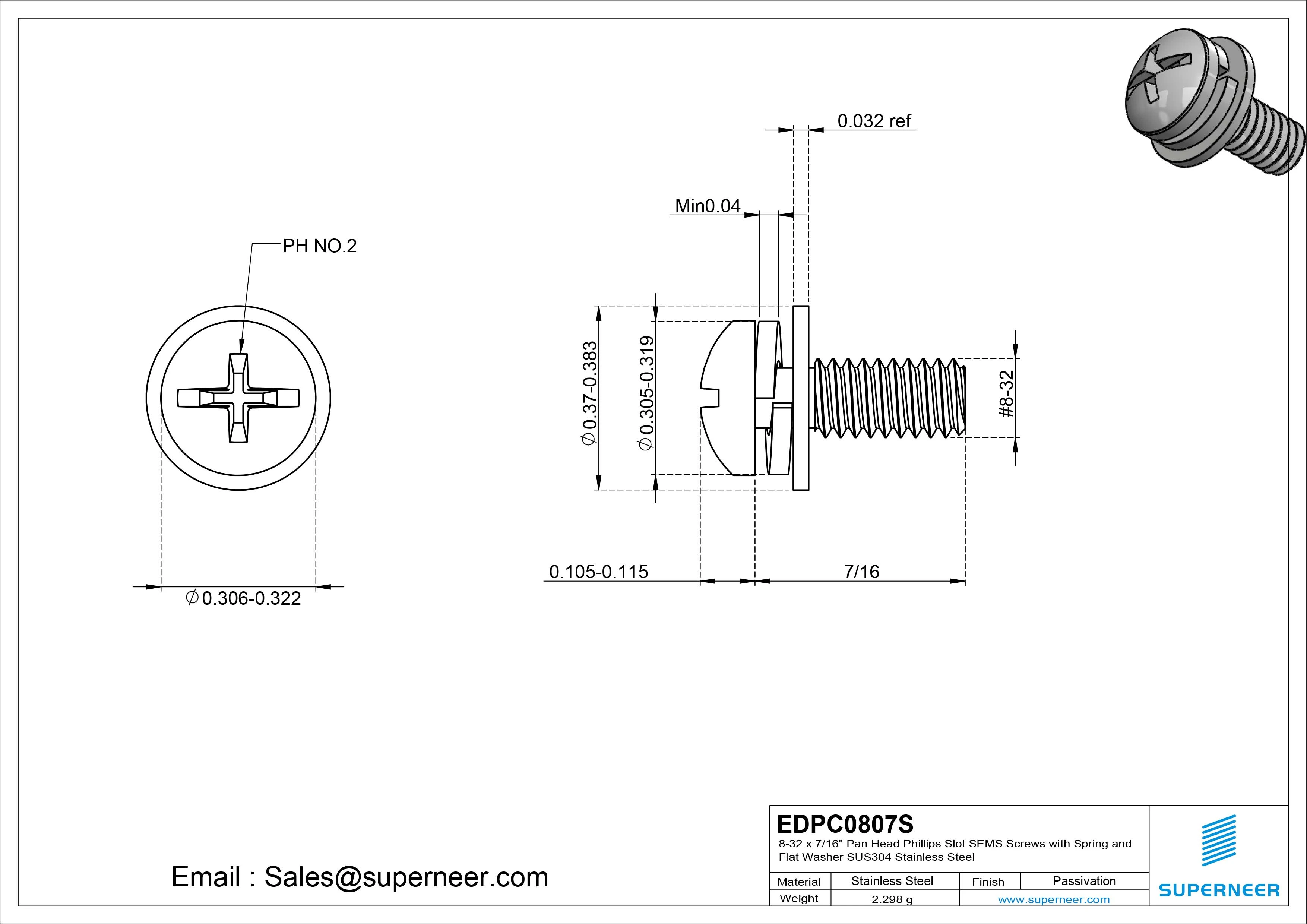 8-32 x 7/16" Pan Head Phillips Slot SEMS Screws with Spring and Flat Washer SUS304 Stainless Steel Inox