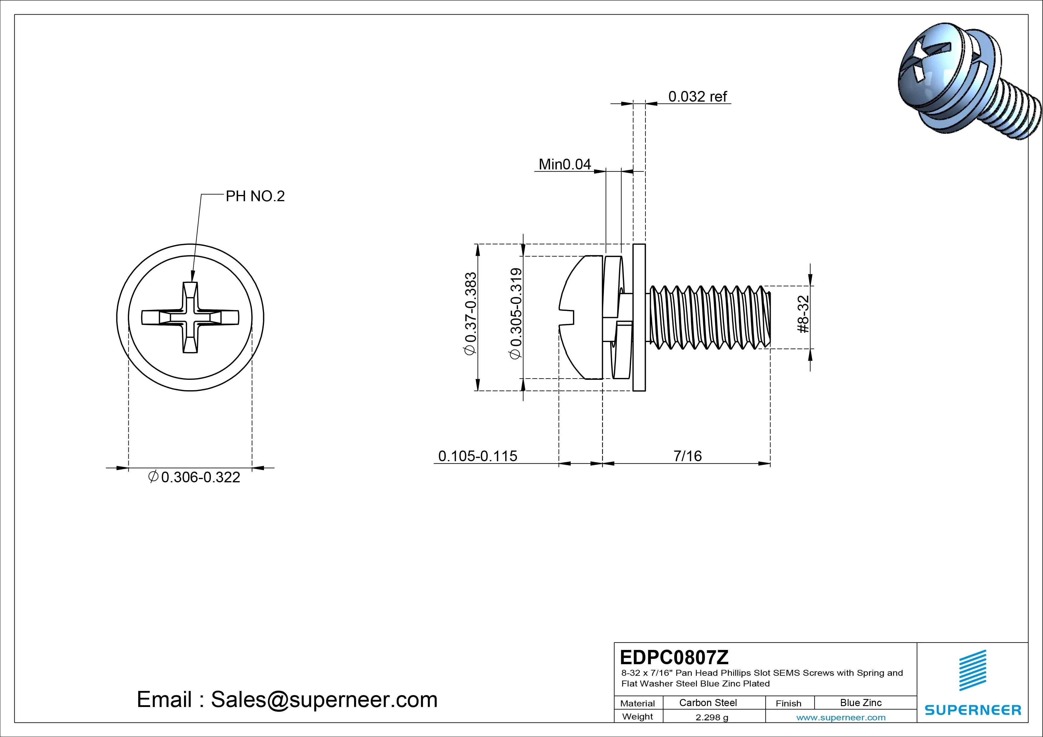 8-32 x 7/16" Pan Head Phillips Slot SEMS Screws with Spring and Flat Washer Steel Blue Zinc Plated