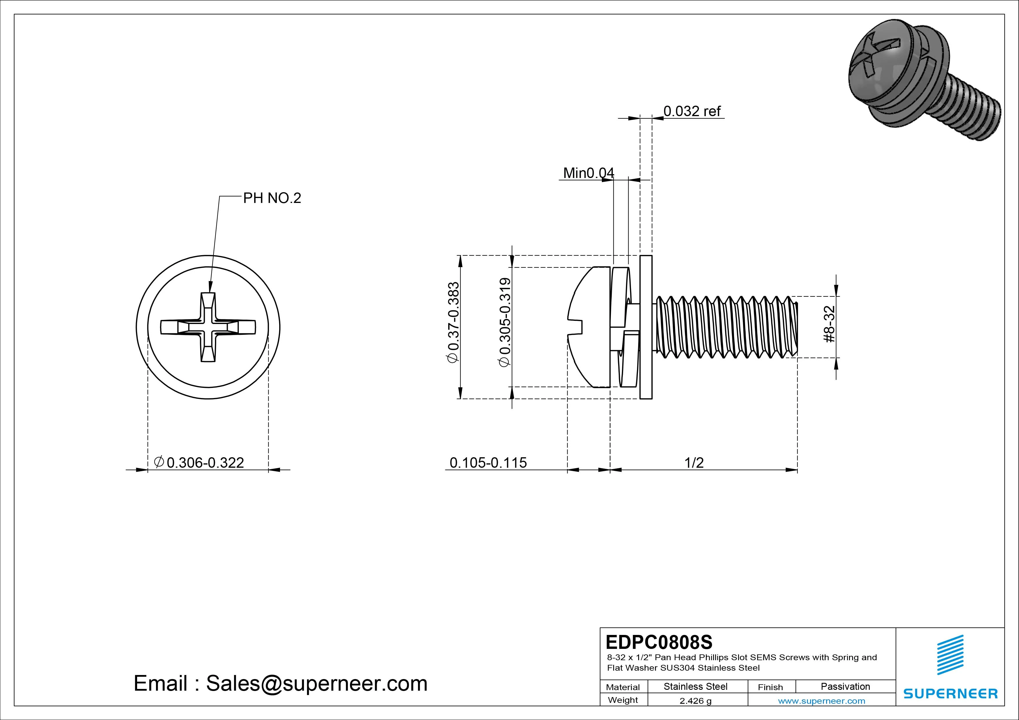 8-32 x 1/2" Pan Head Phillips Slot SEMS Screws with Spring and Flat Washer SUS304 Stainless Steel Inox