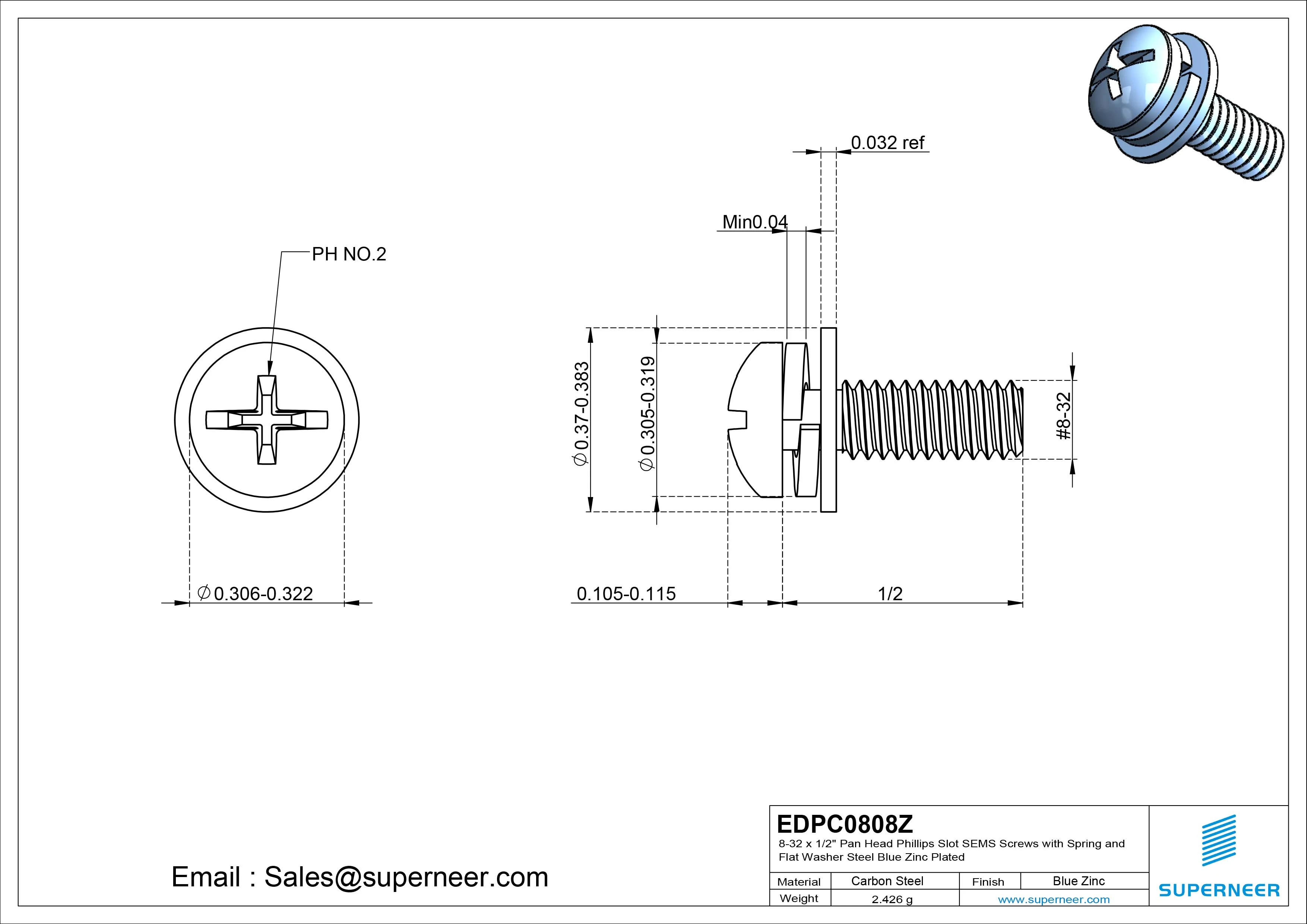 8-32 x 1/2" Pan Head Phillips Slot SEMS Screws with Spring and Flat Washer Steel Blue Zinc Plated