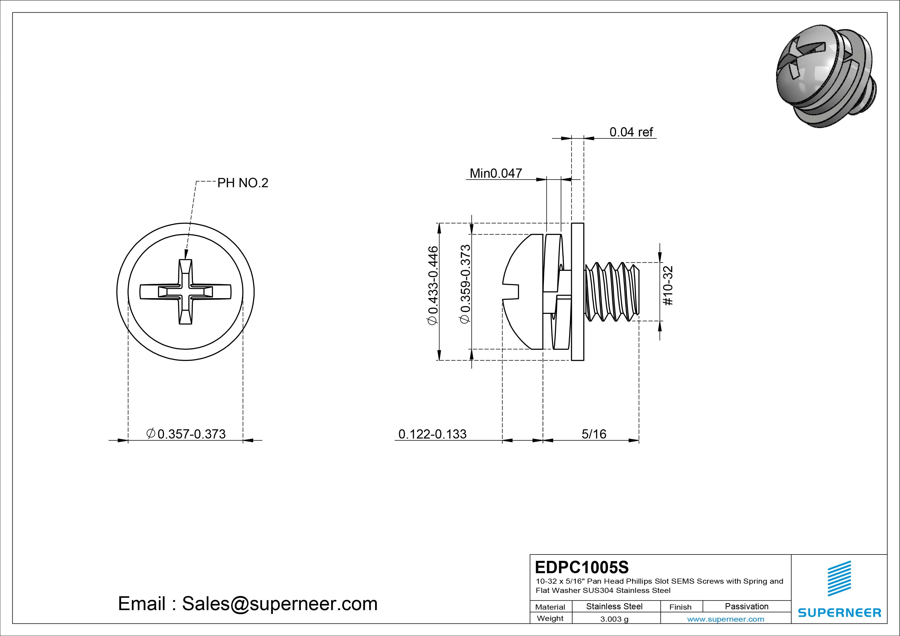 10-32 x 5/16" Pan Head Phillips Slot SEMS Screws with Spring and Flat Washer SUS304 Stainless Steel Inox