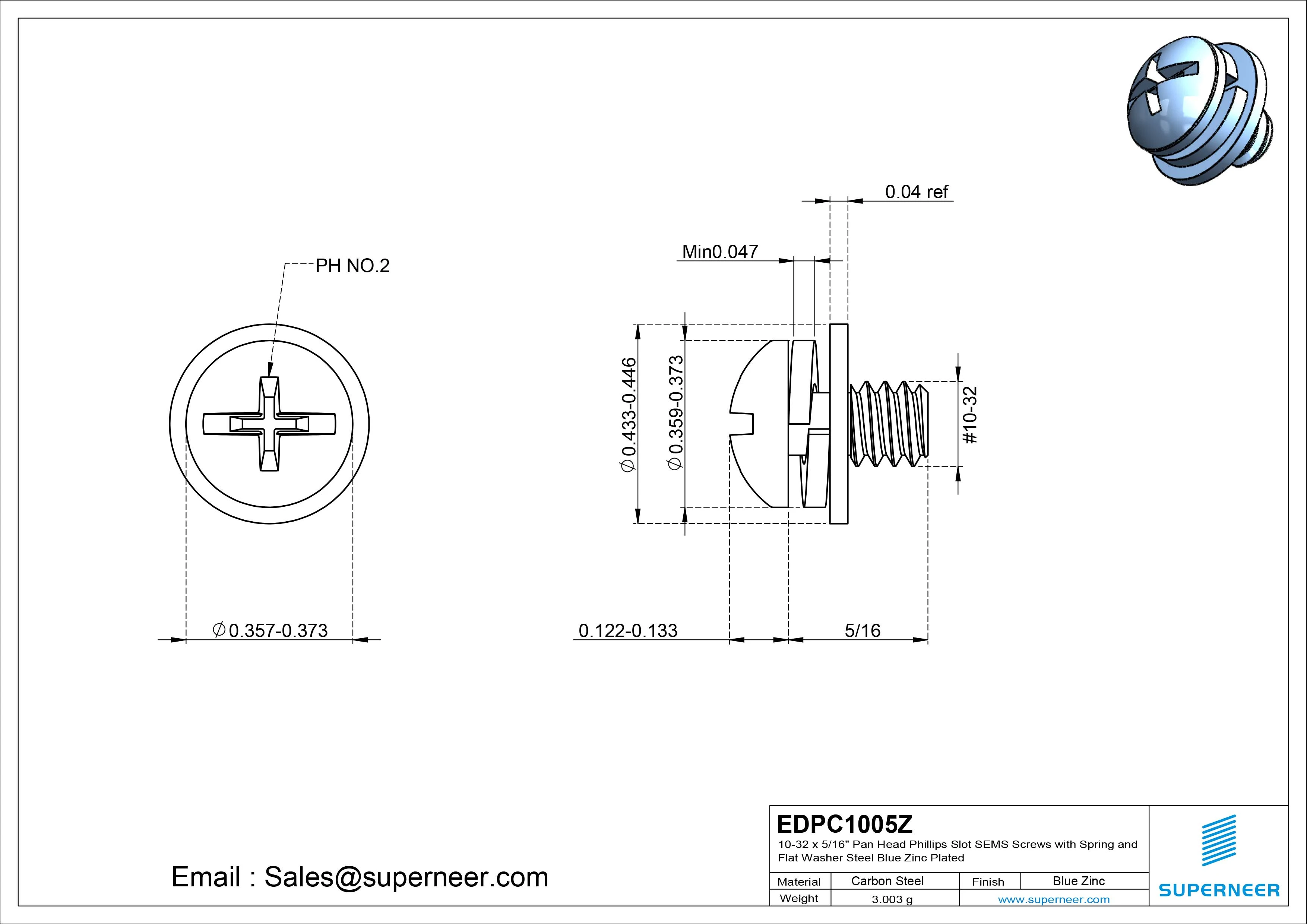 10-32 x 5/16" Pan Head Phillips Slot SEMS Screws with Spring and Flat Washer Steel Blue Zinc Plated