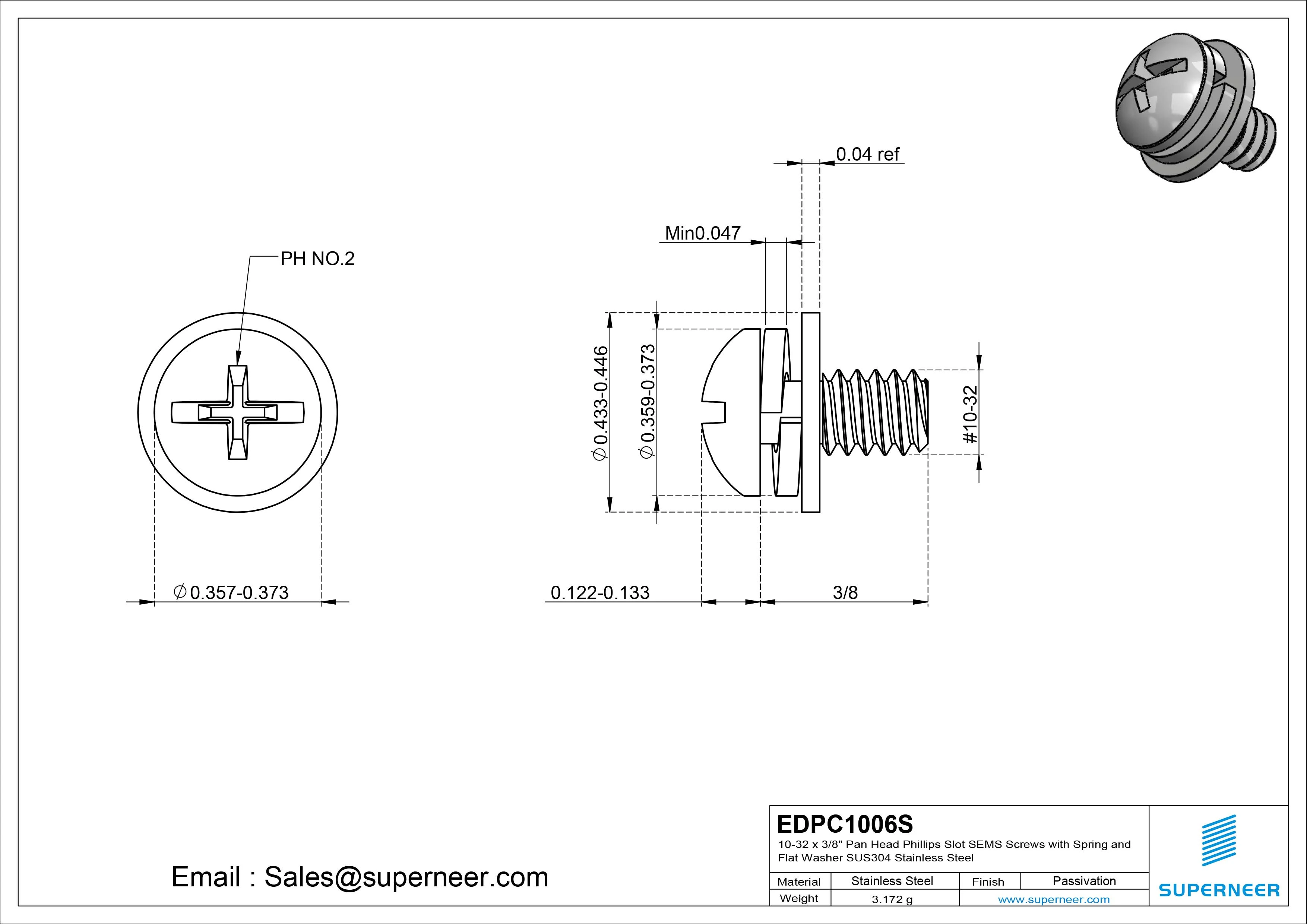 10-32 x 3/8" Pan Head Phillips Slot SEMS Screws with Spring and Flat Washer SUS304 Stainless Steel Inox