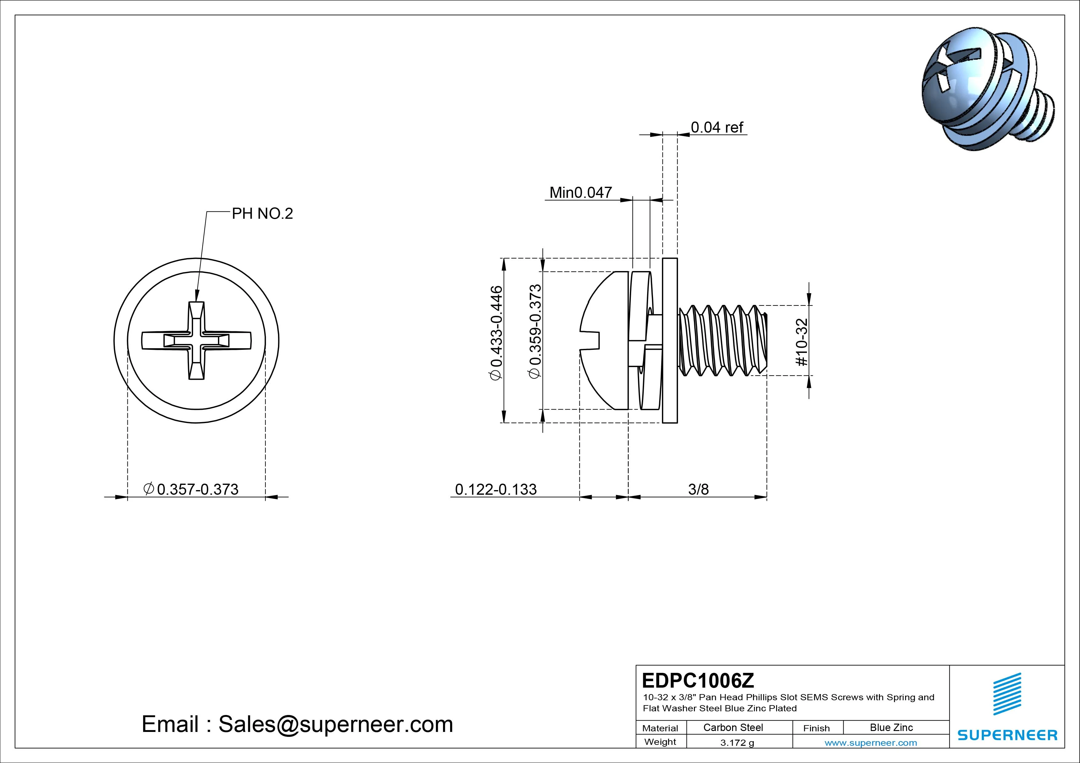 10-32 x 3/8" Pan Head Phillips Slot SEMS Screws with Spring and Flat Washer Steel Blue Zinc Plated