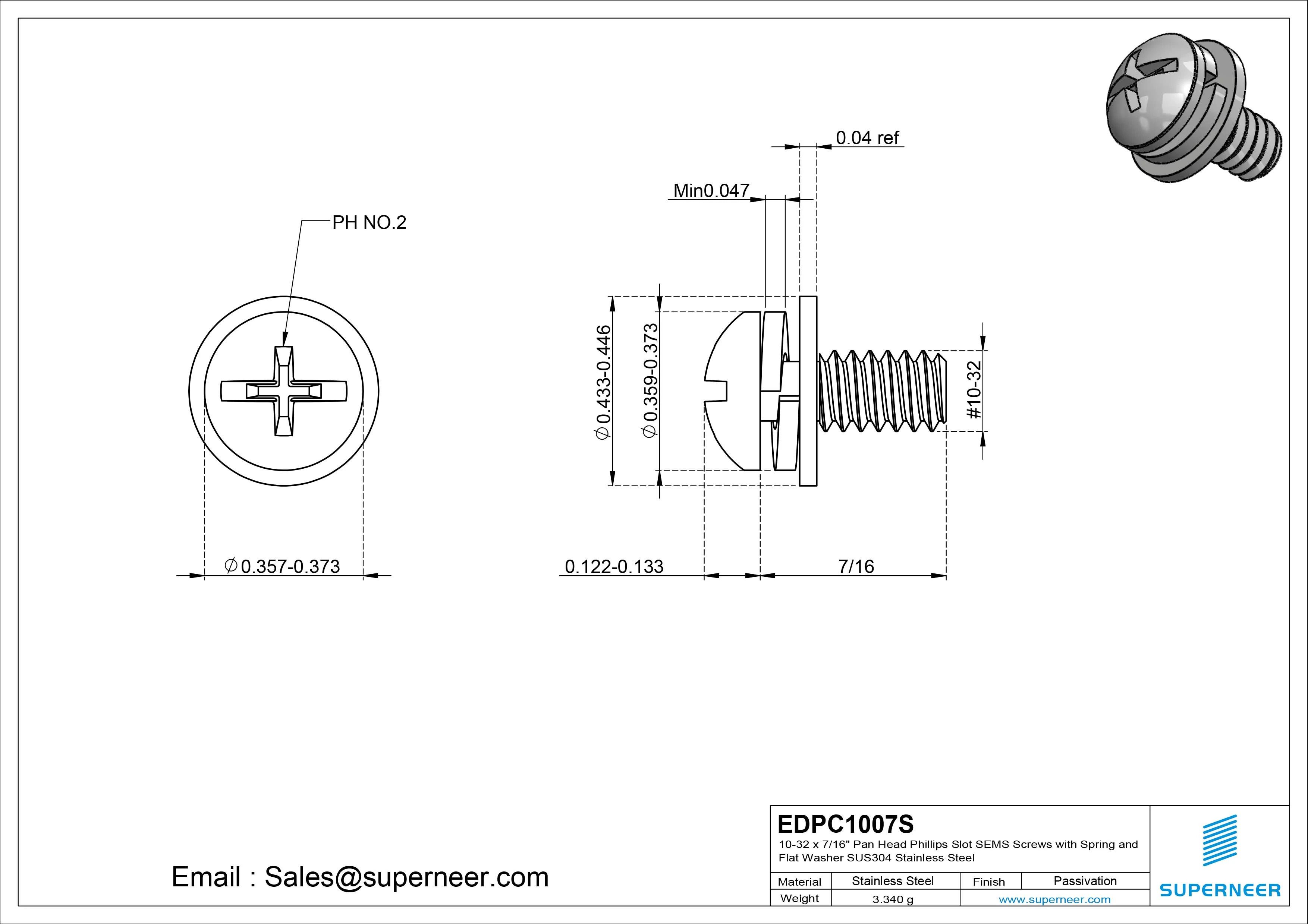 10-32 x 7/16" Pan Head Phillips Slot SEMS Screws with Spring and Flat Washer SUS304 Stainless Steel Inox
