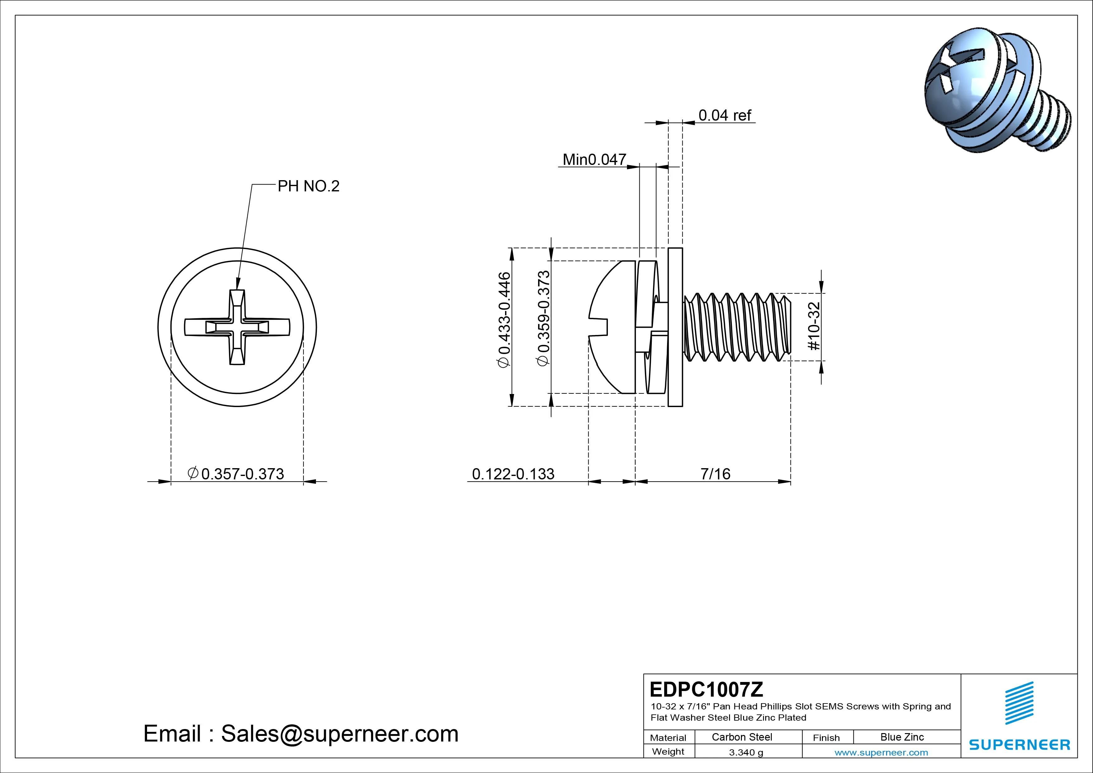 10-32 x 7/16" Pan Head Phillips Slot SEMS Screws with Spring and Flat Washer Steel Blue Zinc Plated