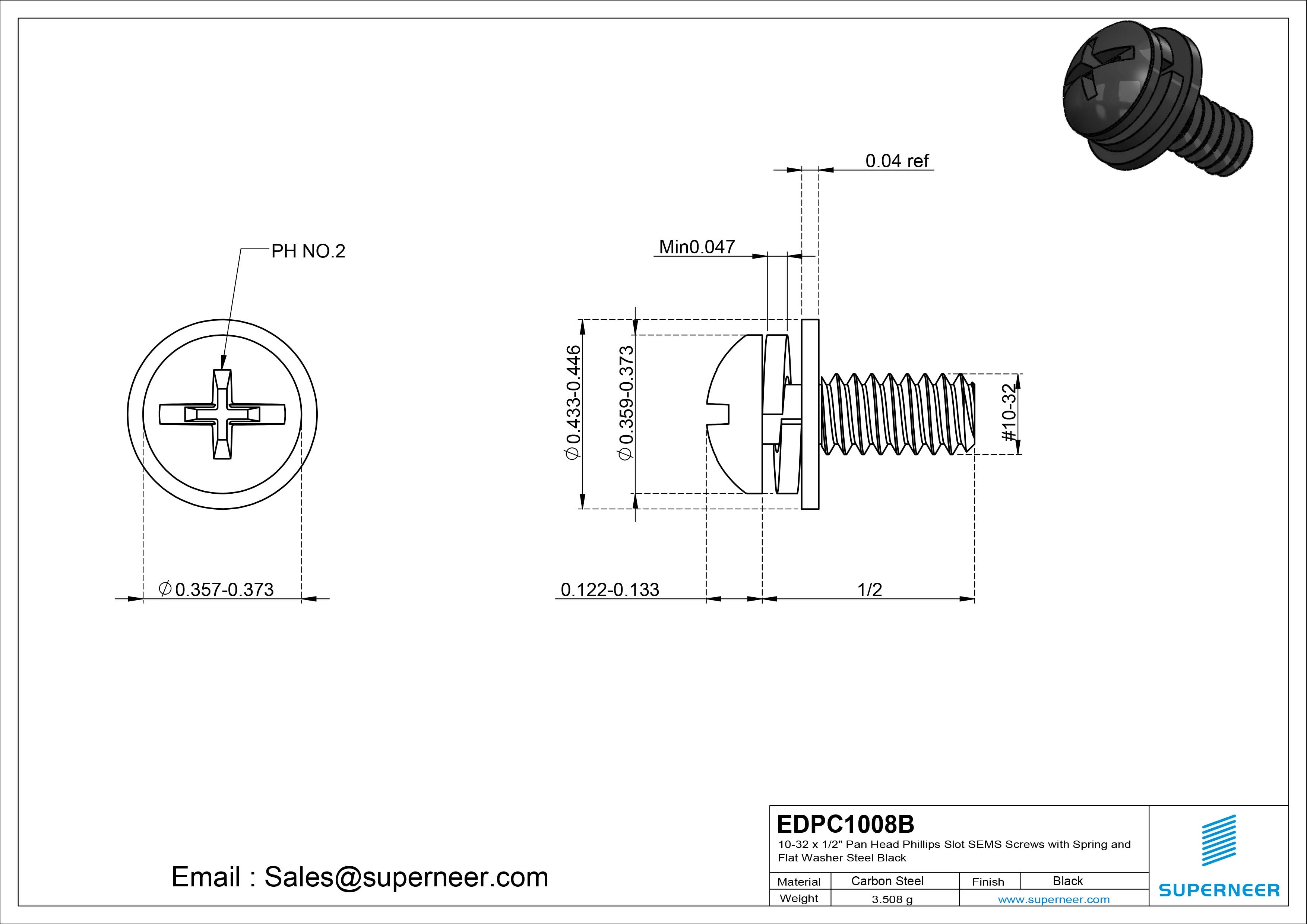 10-32 x 1/2" Pan Head Phillips Slot SEMS Screws with Spring and Flat Washer Steel Black