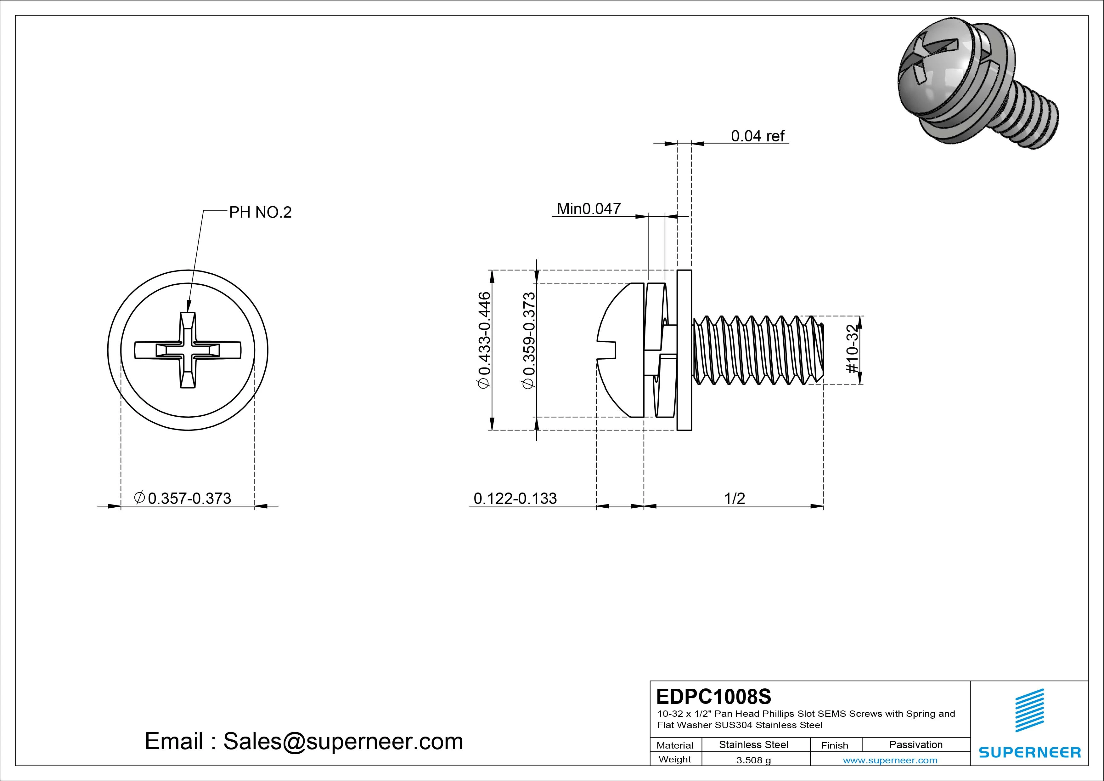 10-32 x 1/2" Pan Head Phillips Slot SEMS Screws with Spring and Flat Washer SUS304 Stainless Steel Inox