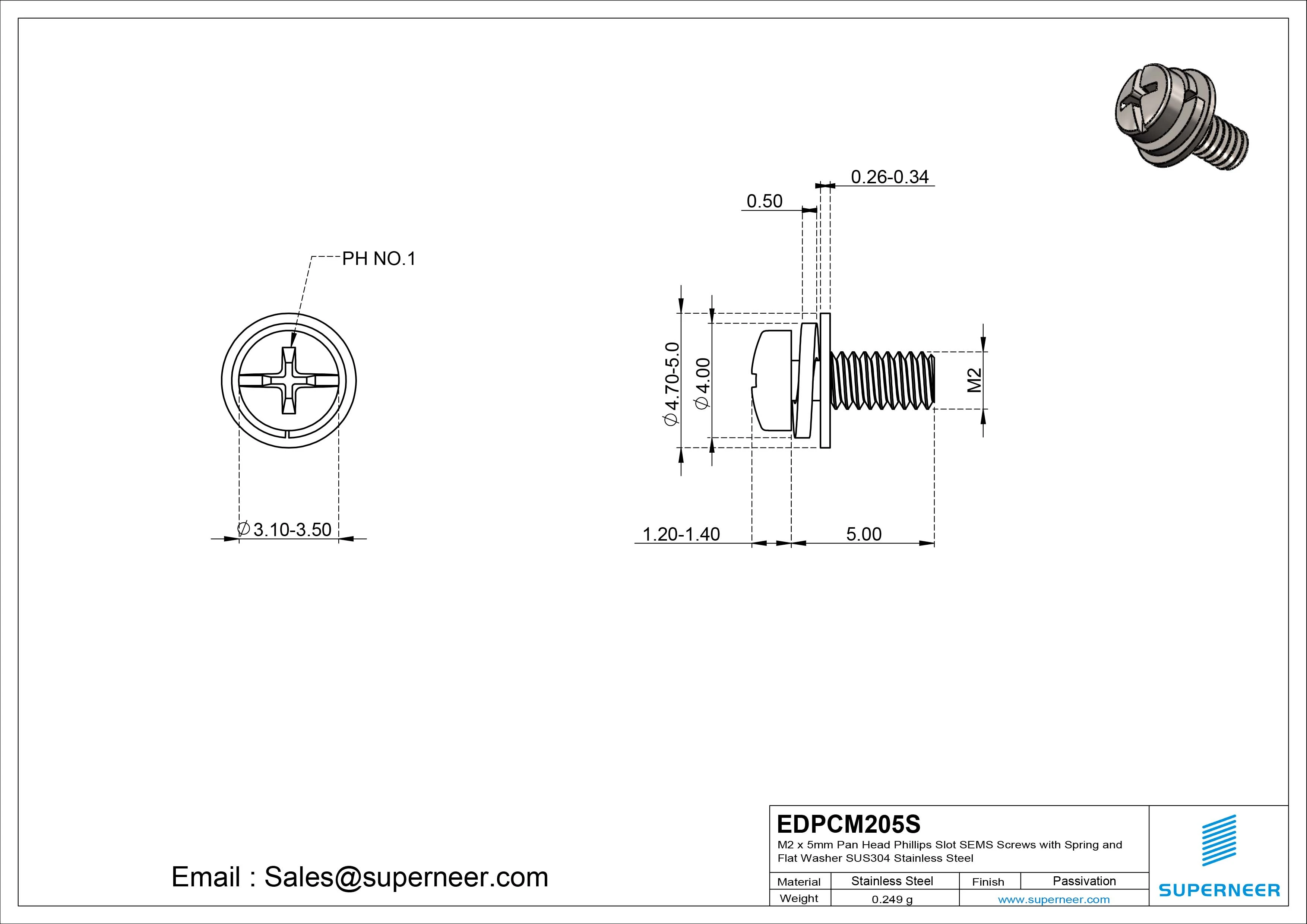 M2 x 5mm Pan Head Phillips Slot SEMS Screws with Spring and Flat Washer SUS304 Stainless Steel Inox