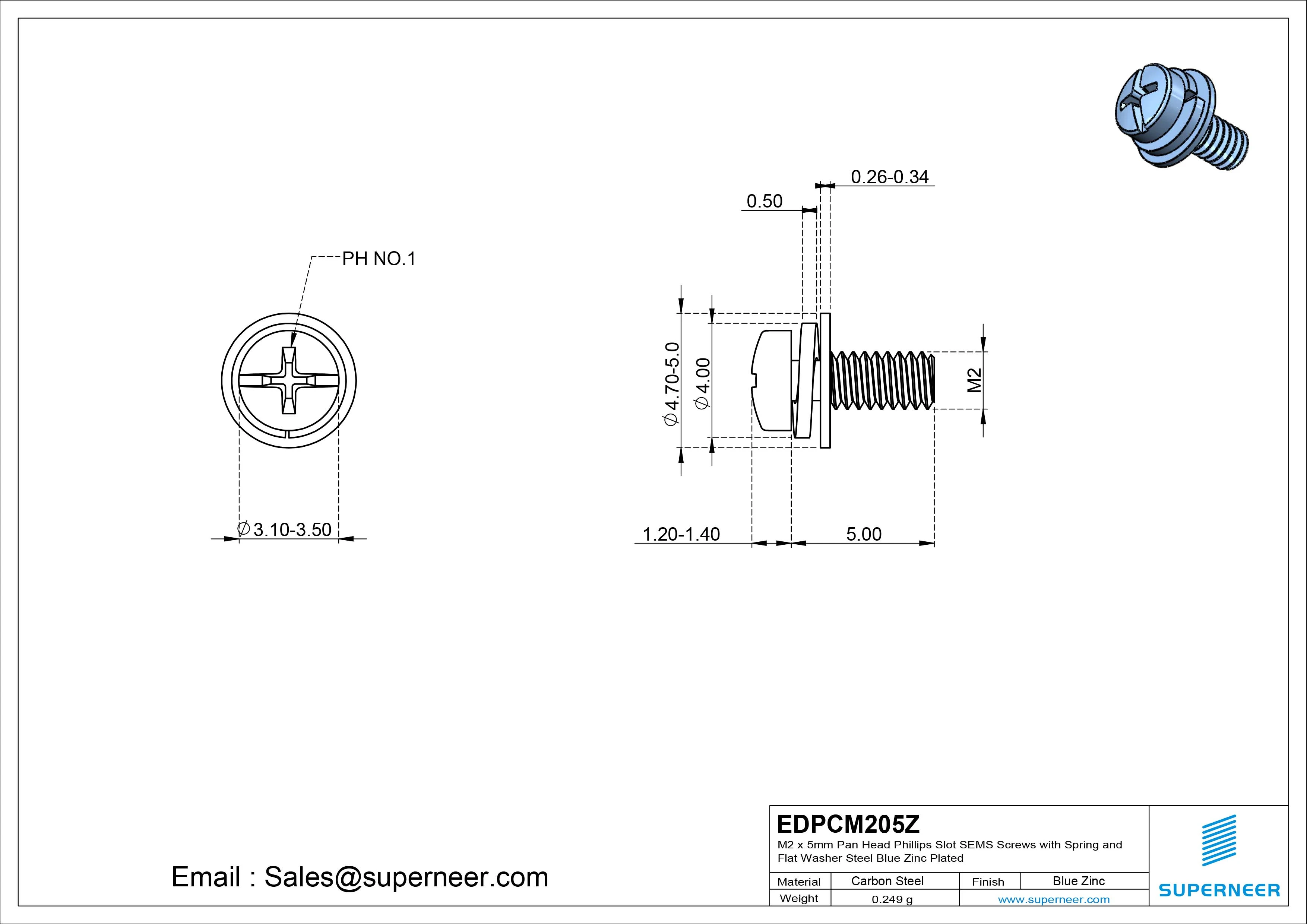 M2 x 5mm Pan Head Phillips Slot SEMS Screws with Spring and Flat Washer Steel Blue Zinc Plated