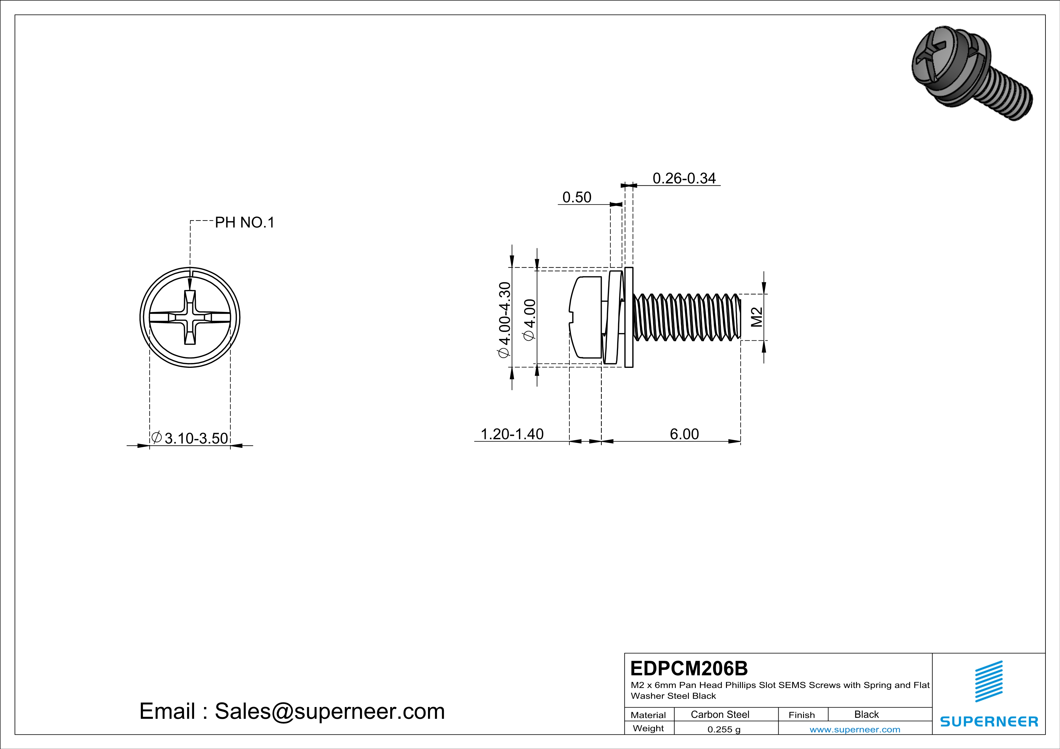 M2 x 6mm Pan Head Phillips Slot SEMS Screws with Spring and Flat Washer Steel Black
