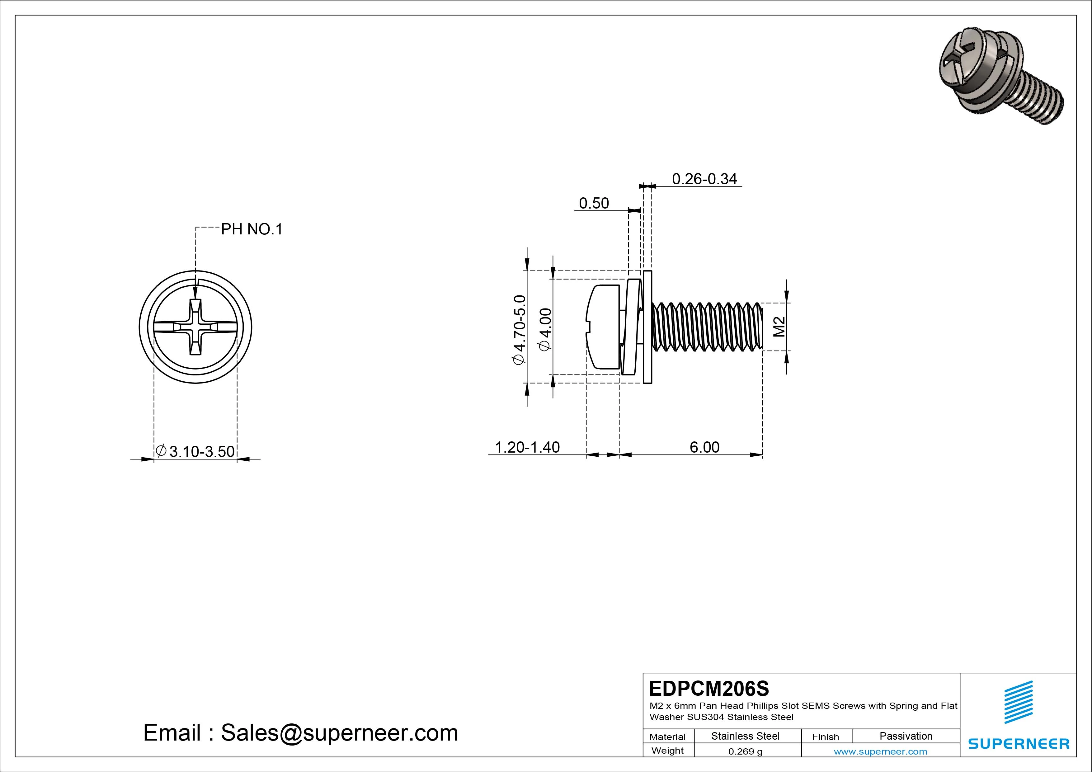 M2 x 6mm Pan Head Phillips Slot SEMS Screws with Spring and Flat Washer SUS304 Stainless Steel Inox