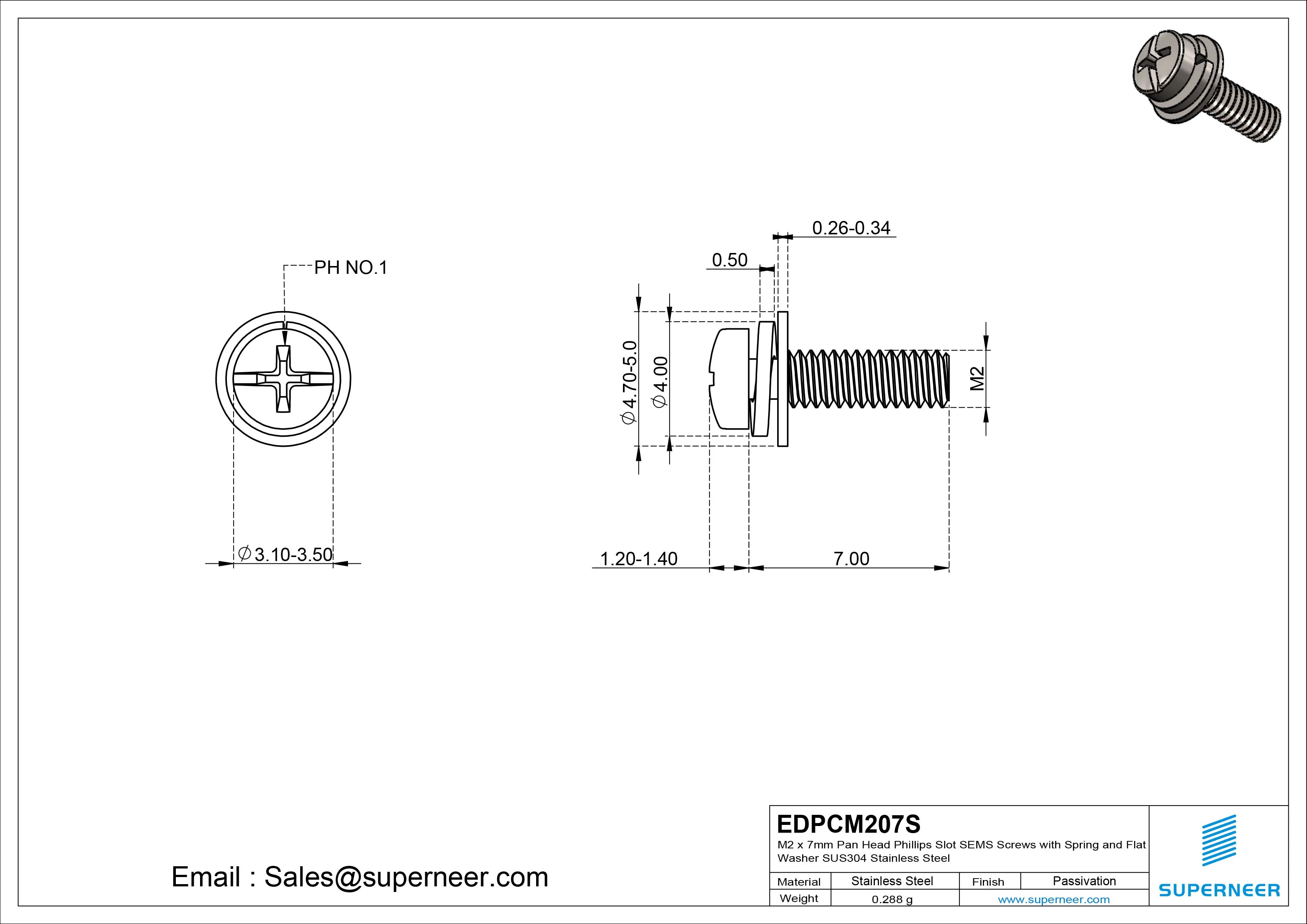 M2 x 7mm Pan Head Phillips Slot SEMS Screws with Spring and Flat Washer SUS304 Stainless Steel Inox