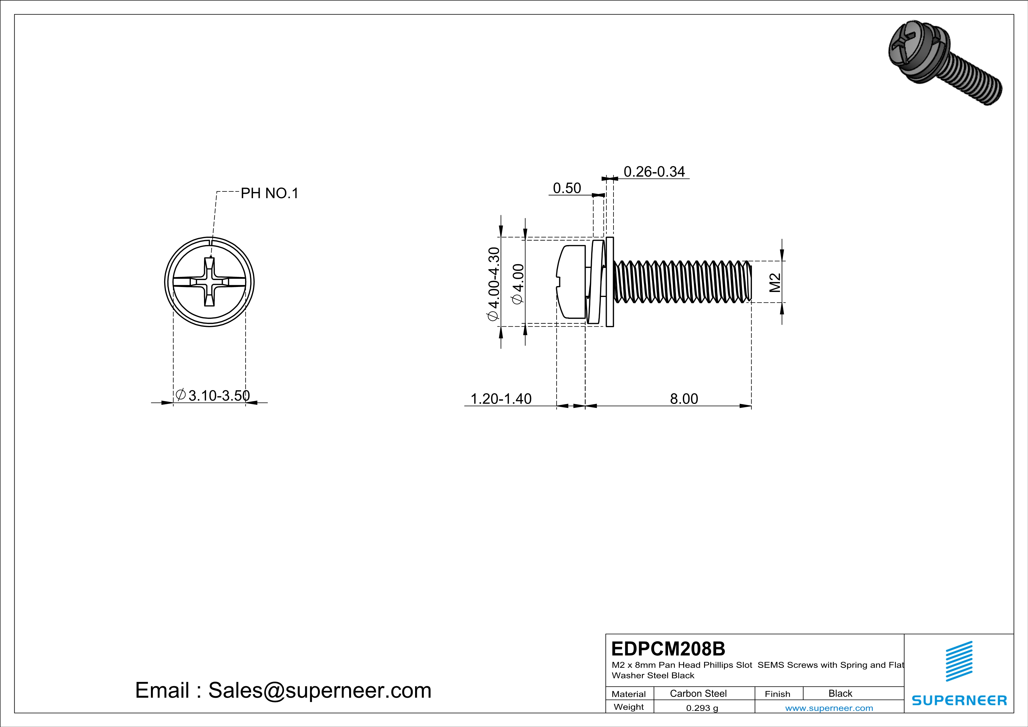 M2 x 8mm Pan Head Phillips Slot SEMS Screws with Spring and Flat Washer Steel Black