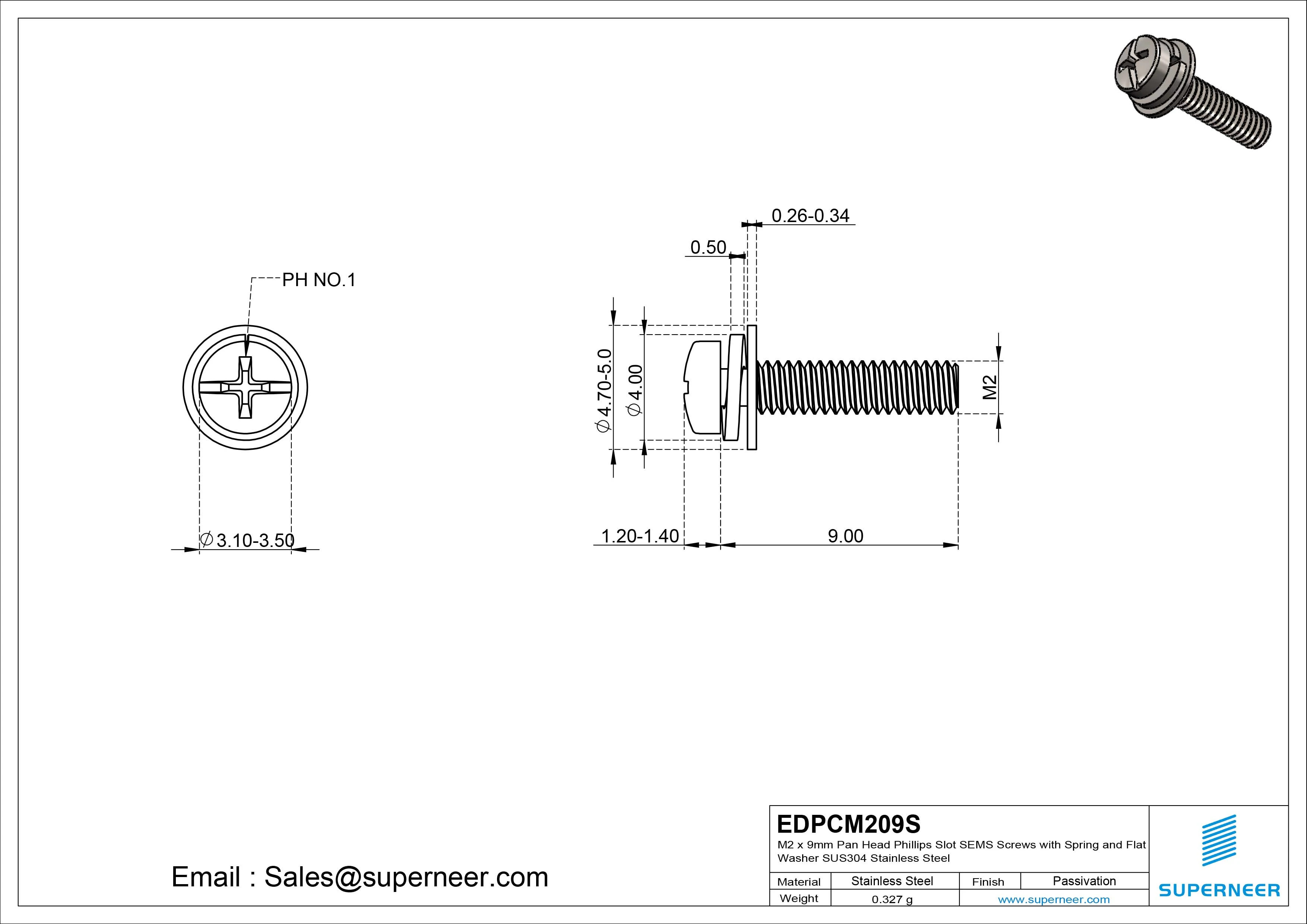 M2 x 9mm Pan Head Phillips Slot SEMS Screws with Spring and Flat Washer SUS304 Stainless Steel Inox