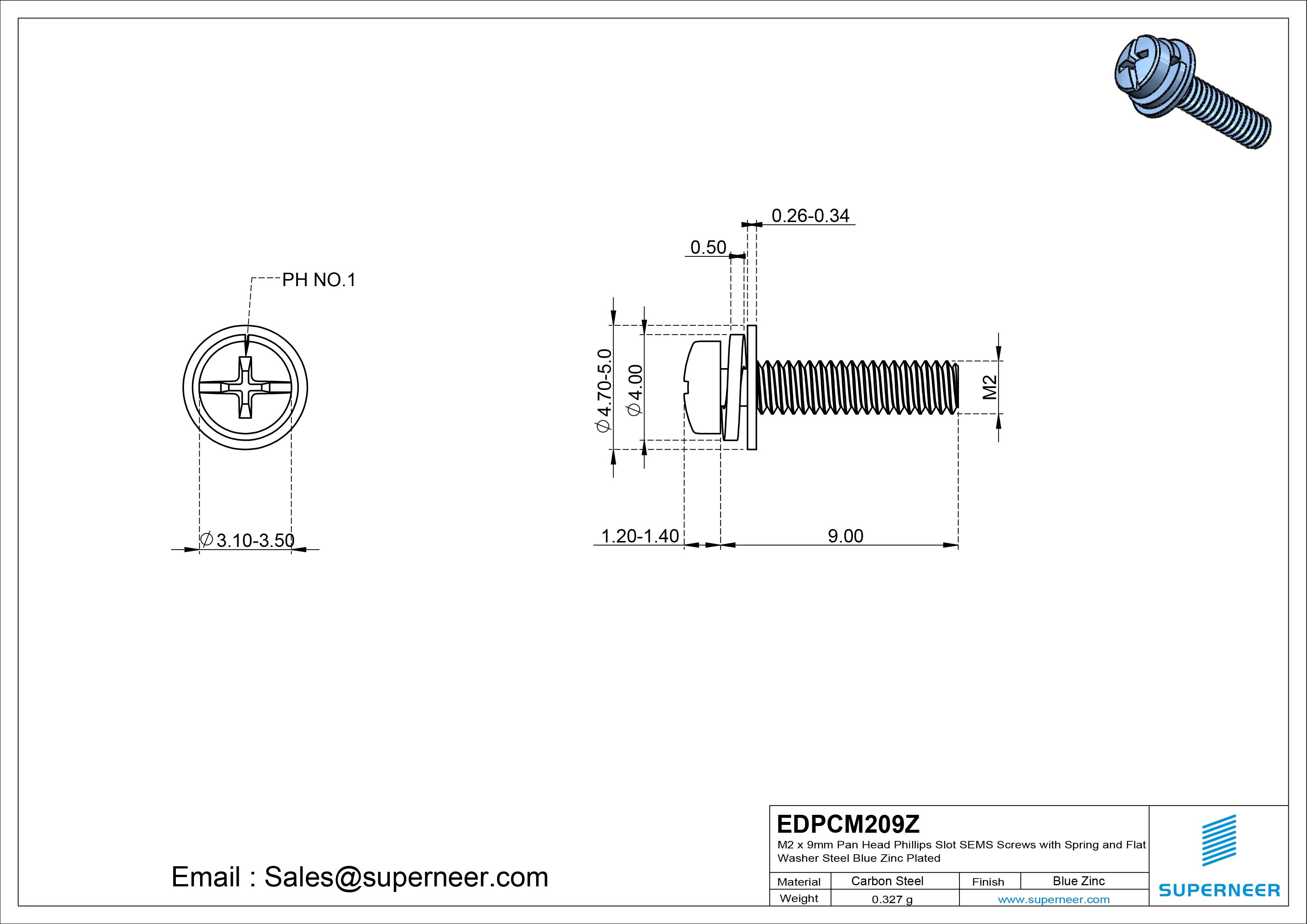 M2 x 9mm Pan Head Phillips Slot SEMS Screws with Spring and Flat Washer Steel Blue Zinc Plated