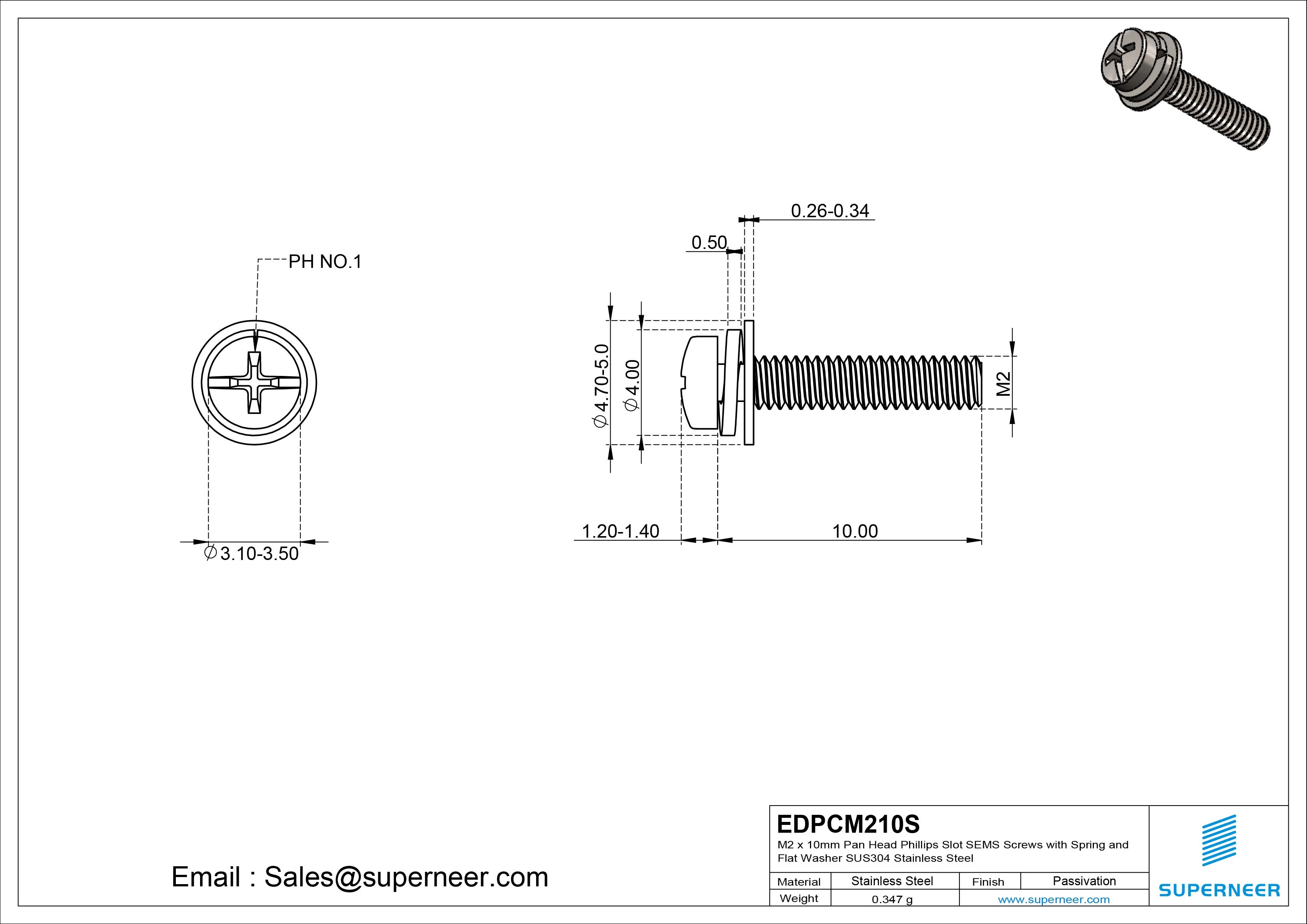 M2 x 10mm Pan Head Phillips Slot SEMS Screws with Spring and Flat Washer SUS304 Stainless Steel Inox