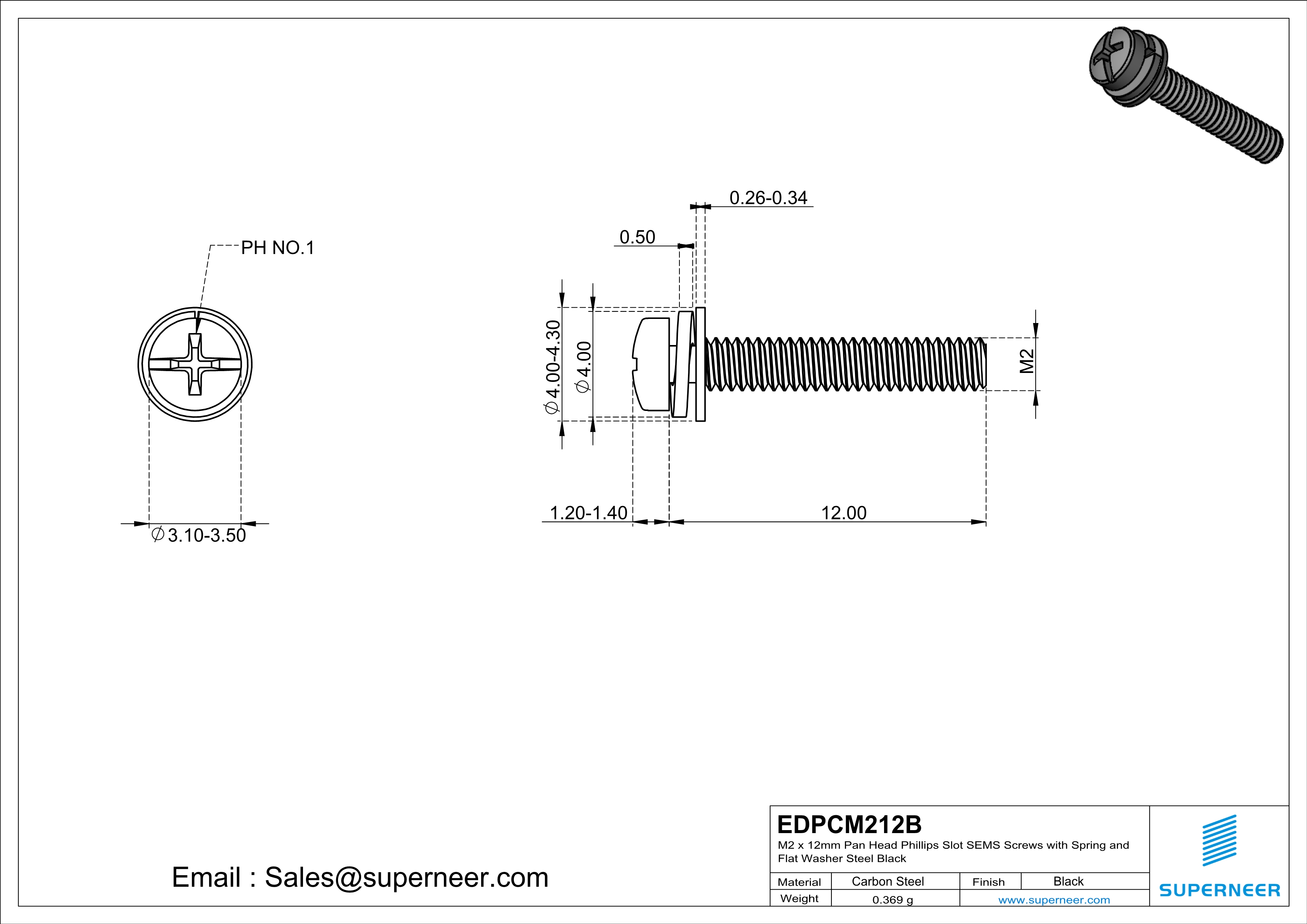 M2 x 12mm Pan Head Phillips Slot SEMS Screws with Spring and Flat Washer Steel Black