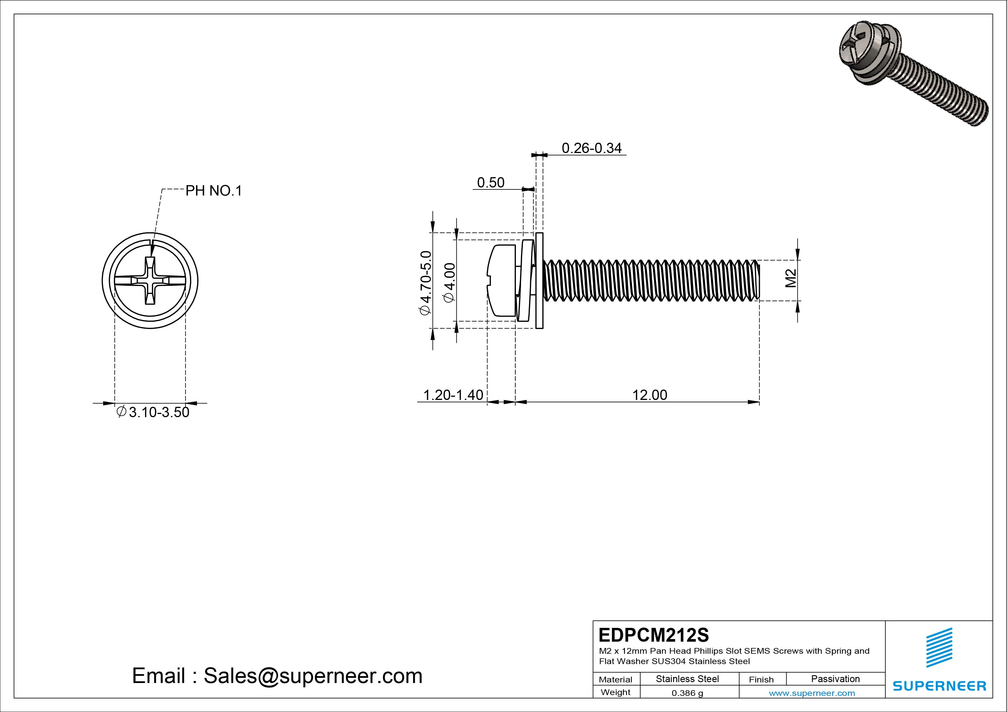 M2 x 12mm Pan Head Phillips Slot SEMS Screws with Spring and Flat Washer SUS304 Stainless Steel Inox