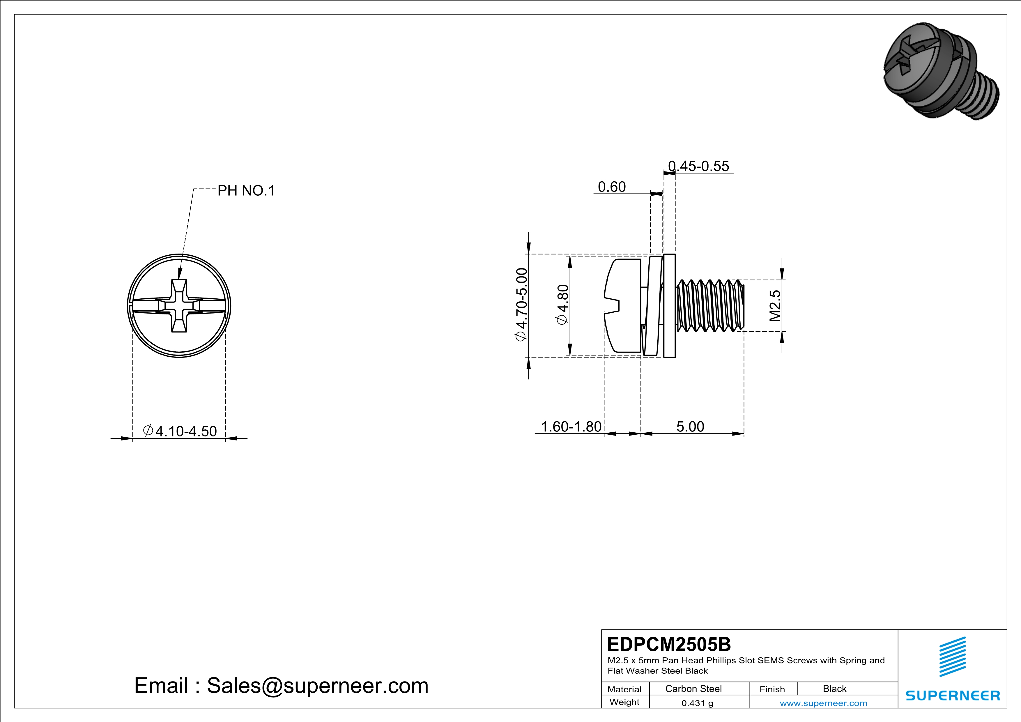 M2.5 x 5mm Pan Head Phillips Slot SEMS Screws with Spring and Flat Washer Steel Black