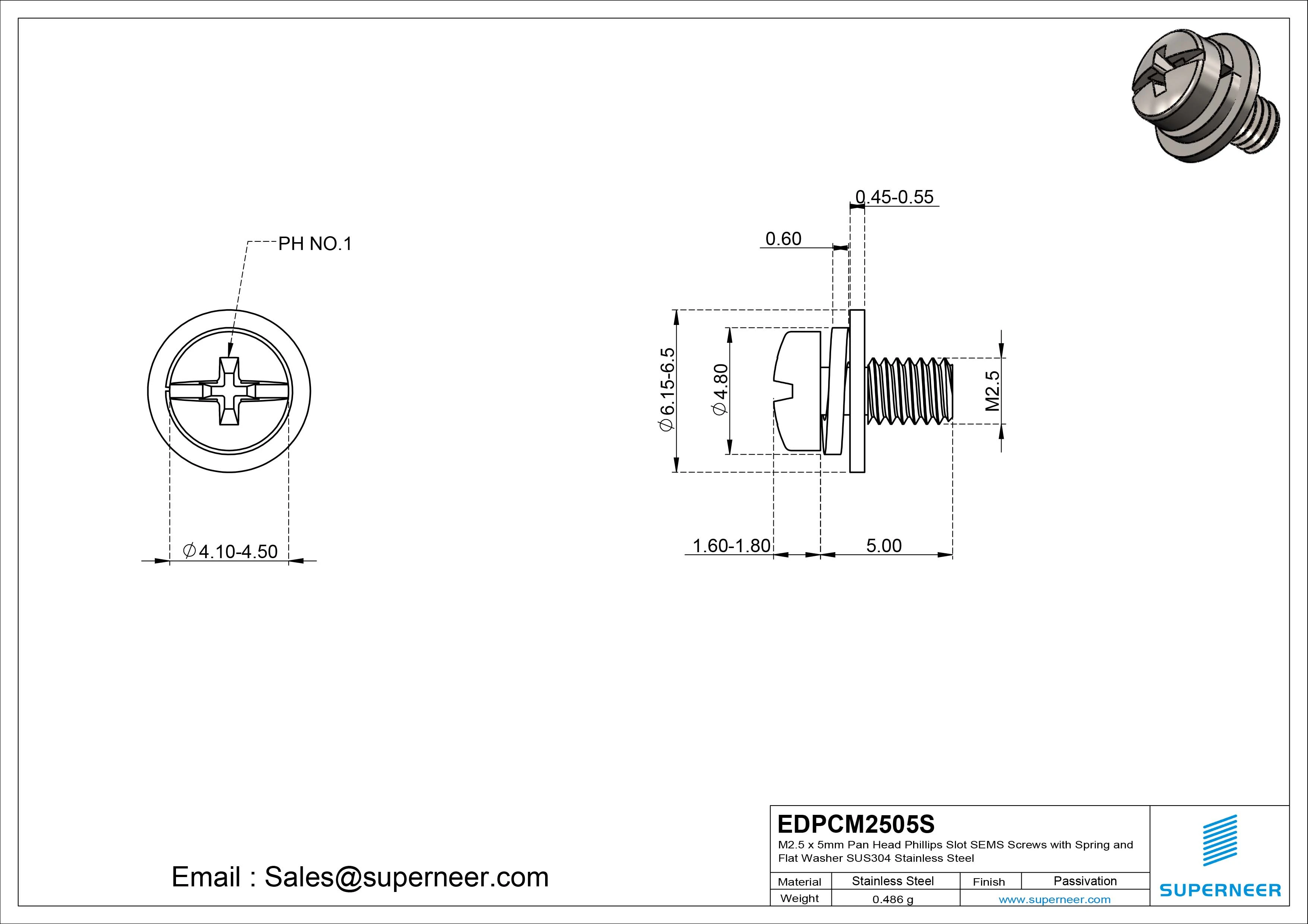 M2.5 x 5mm Pan Head Phillips Slot SEMS Screws with Spring and Flat Washer SUS304 Stainless Steel Inox