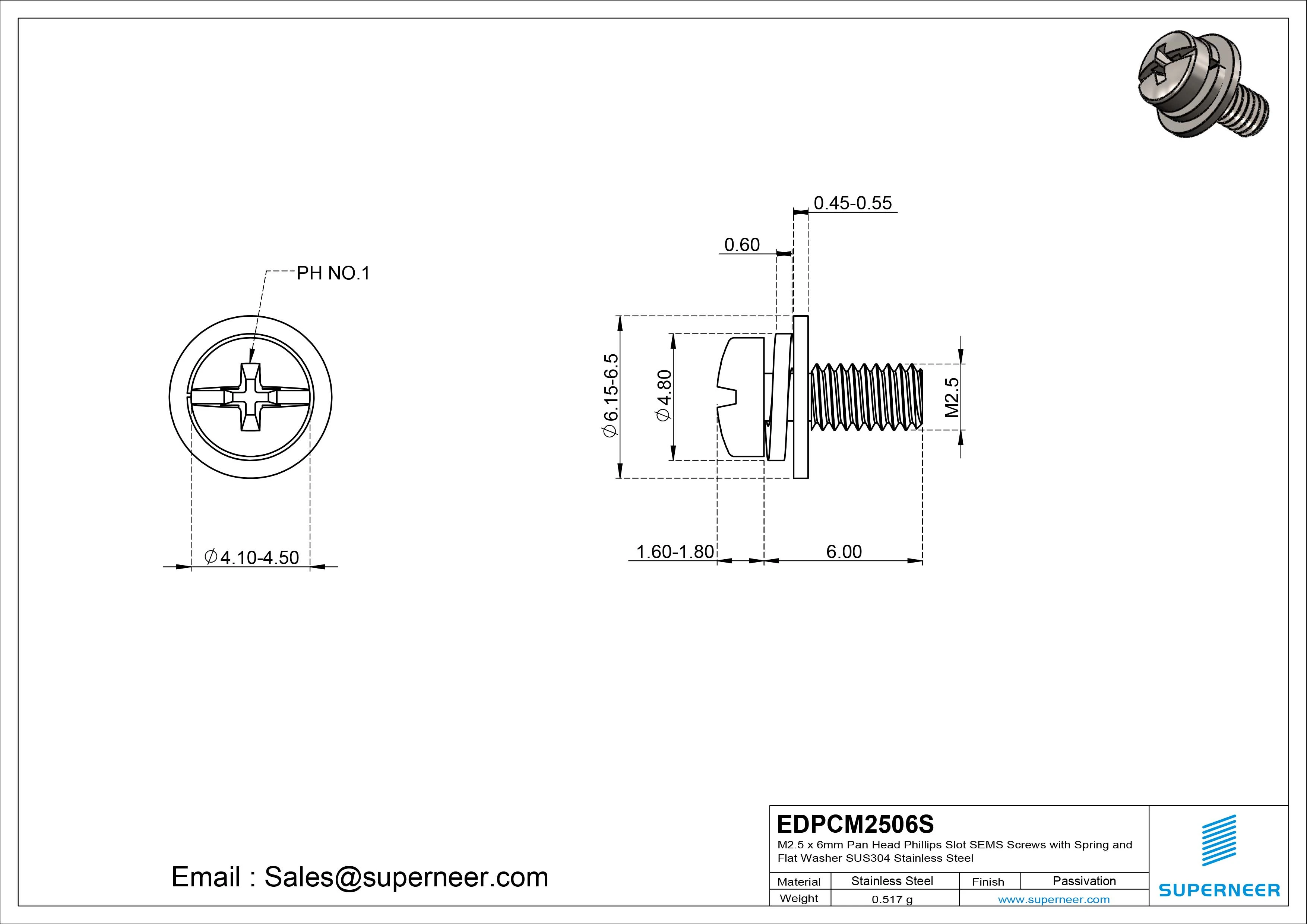 M2.5 x 6mm Pan Head Phillips Slot SEMS Screws with Spring and Flat Washer SUS304 Stainless Steel Inox